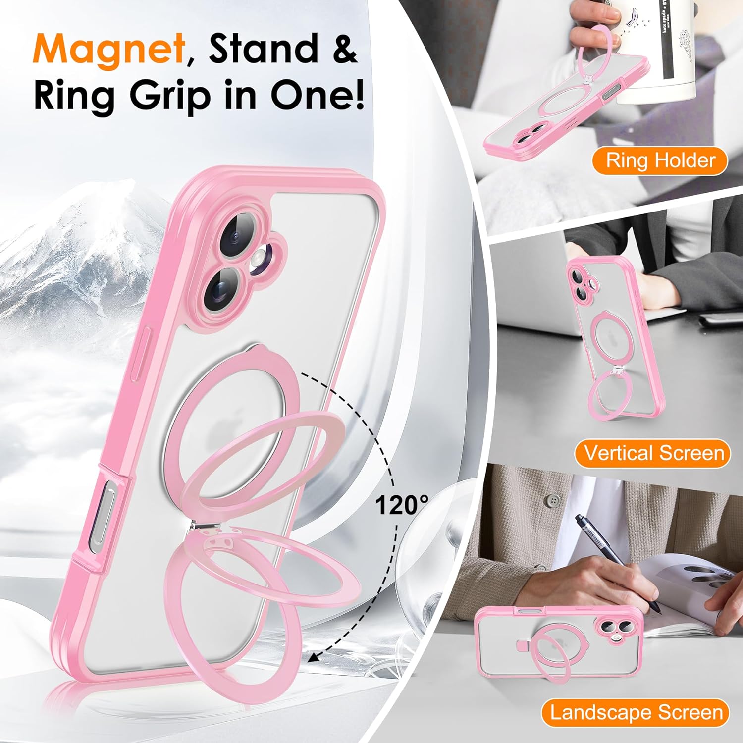 for iPhone 16 Plus Case with Invisible Magnetic Stand, Compatible with Mag-Safe Translucent Matte with Built-in Screen Protector, Shockproof Protective Phone Case for Women Men, Pink - Image 3