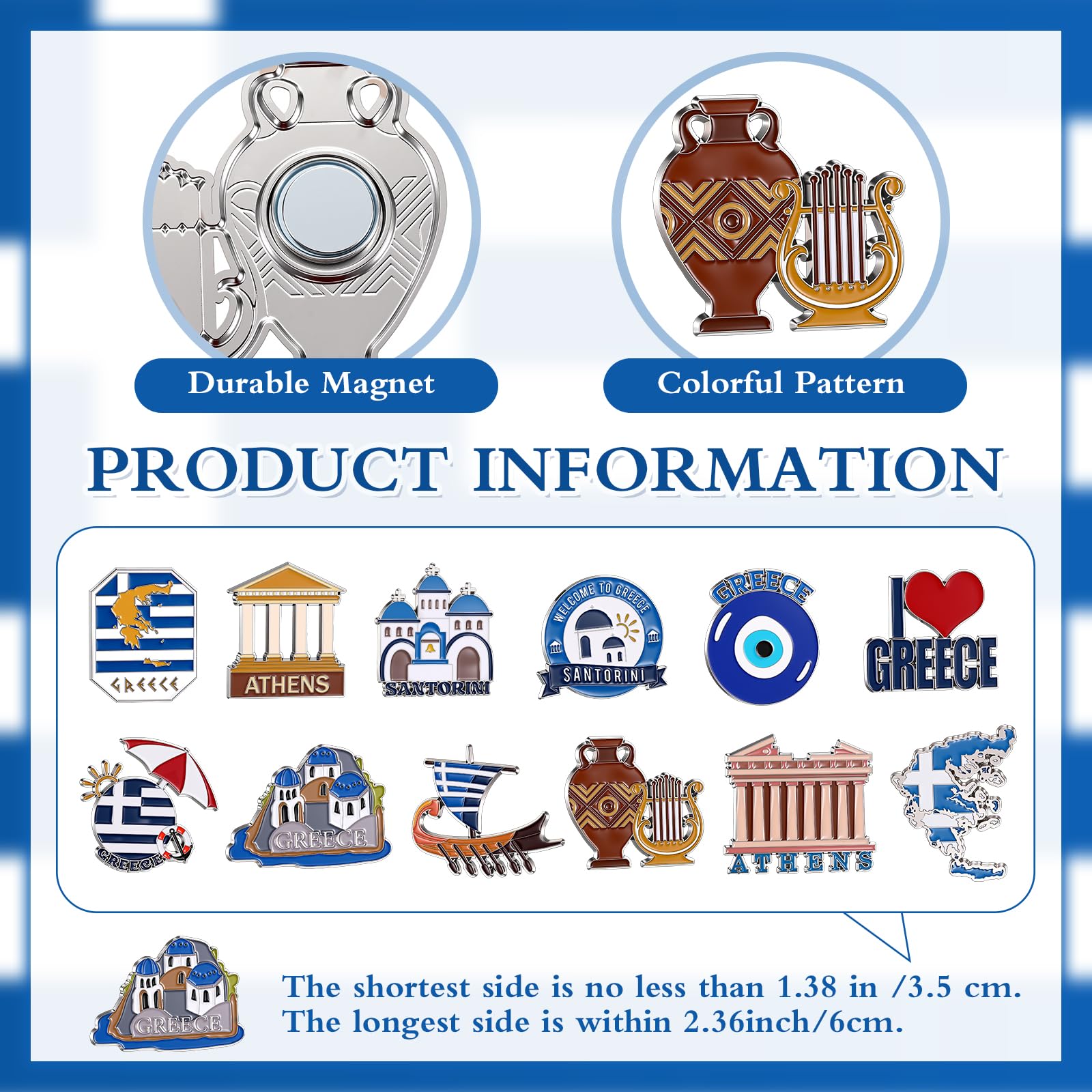 Konohan 12 Pcs Greece Magnets for Refrigerator Metal Greece Fridge Magnet Souvenirs Gifts Magnetic Greek Refrigerator Stickers, Santorini, Athens for Collect Travel Gifts
