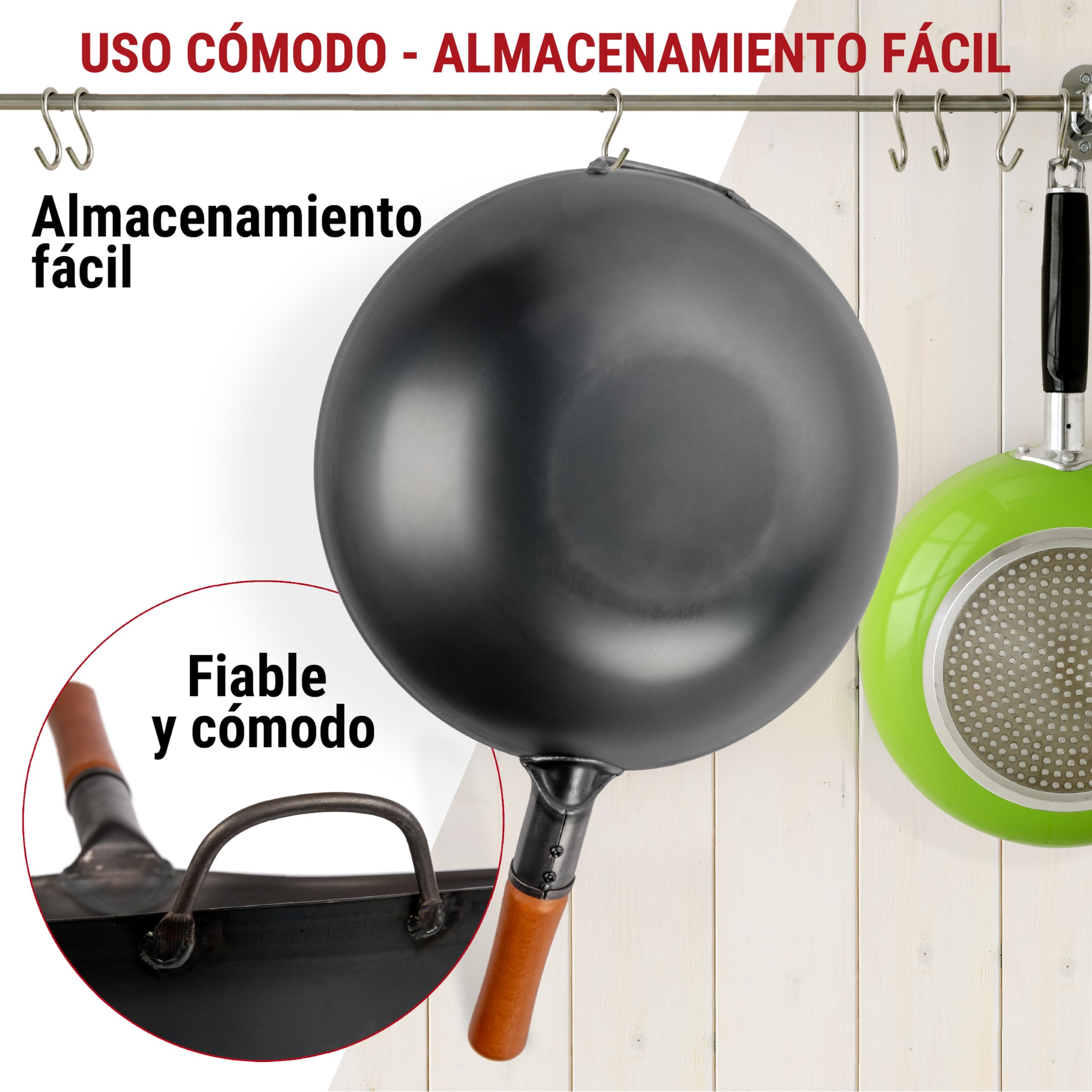 YOSUKATA Sartén Wok de Acero al Carbono 34 cm – Pre-sazonado de Fondo Plano – Wok de Inducción Tradicional – Sin Cobertura Química – Compatible con Cocinas de Gas Inducción Eléctricas y Fuego Abierto
