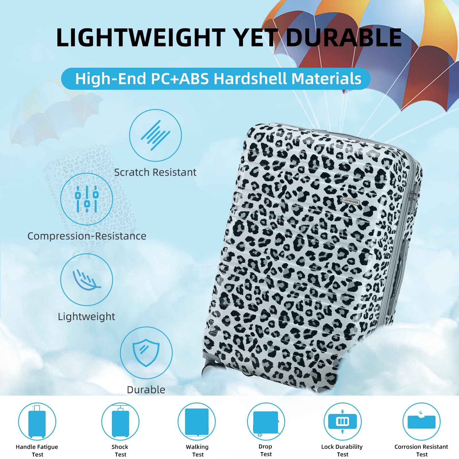 LARVENDER Luggage Sets 3 Piece, Hardside 20 IN Carry on Luggage Airline Approved PC+ABS Suitcase Set with Spinner Wheels TSA Lock, Lightweight Rolling Suitcase for Men and Women, Cheetah Print