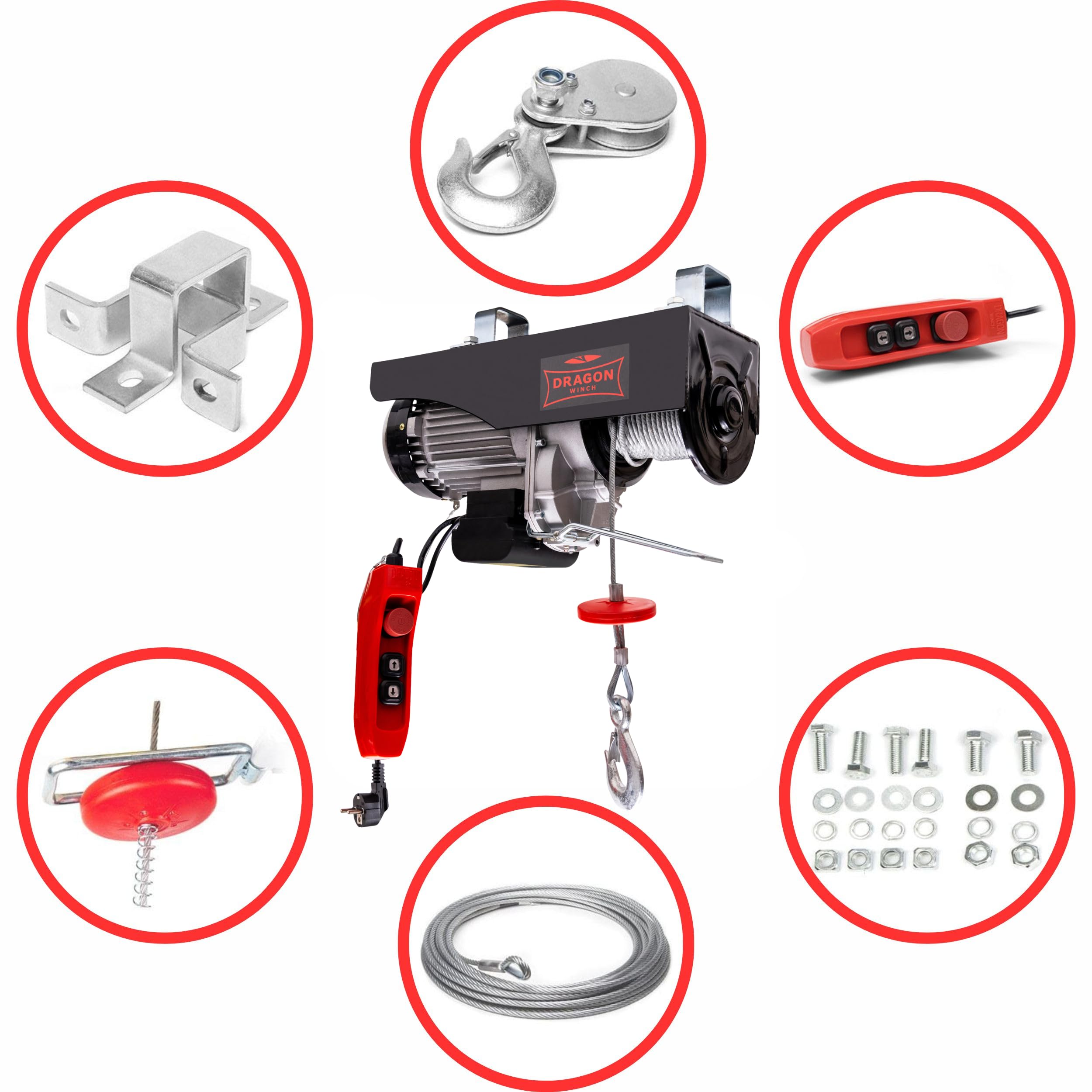 Dragon Winch - Polipasto eléctrico 250kg 230V Cabrestante Eléctrico con motor de cobre de 540W y control remoto Torno de cable eléctrico con una capacidad de 125kg–250kg, altura de elevación 12m