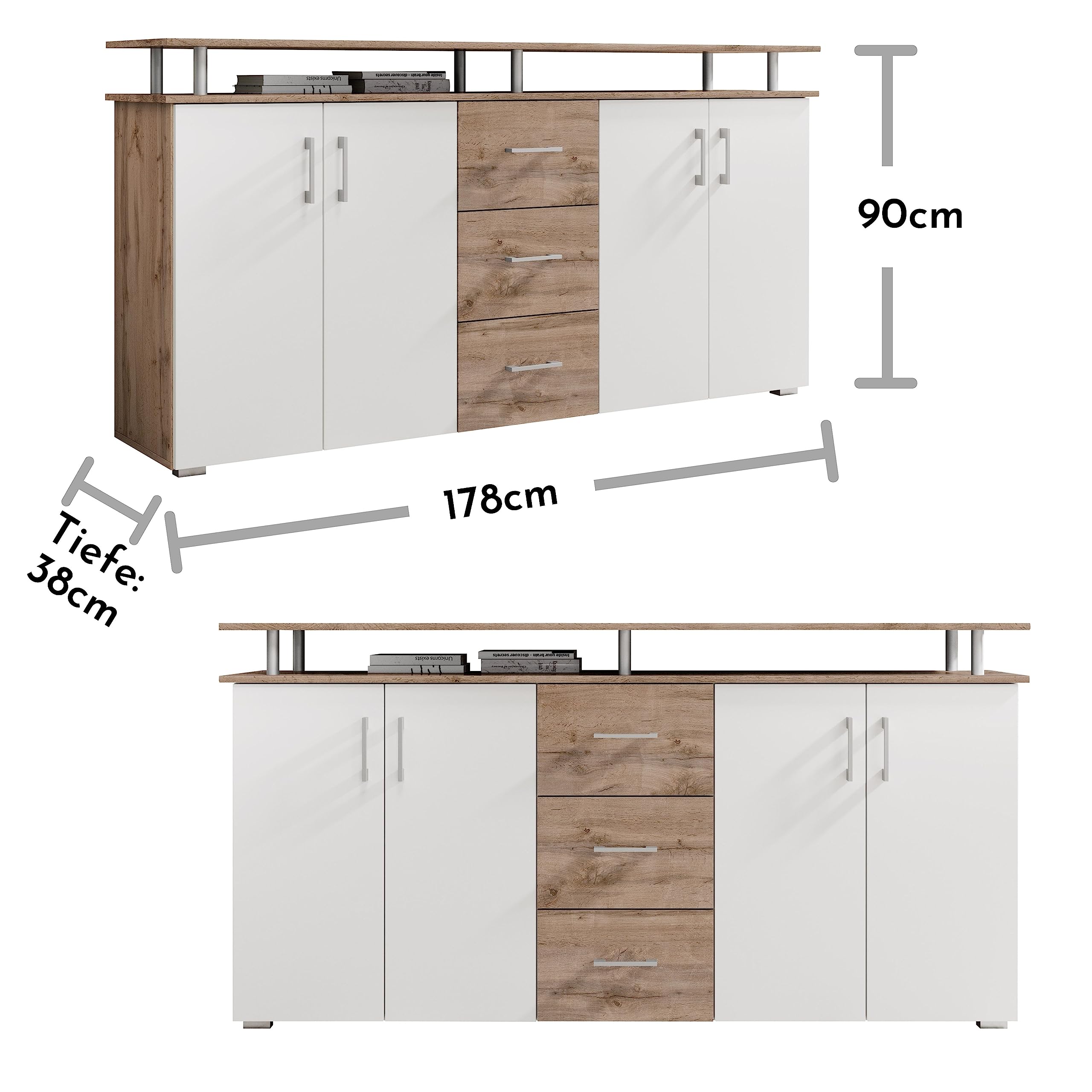 LIFT Highboard mit Ablage in Wildeiche Optik, Weiß - Moderner Wohnzimmerschrank mit Schubladen und viel Stauraum für Ihren Wohnbereich - 178 x 90 x 38 cm (B/H/T)