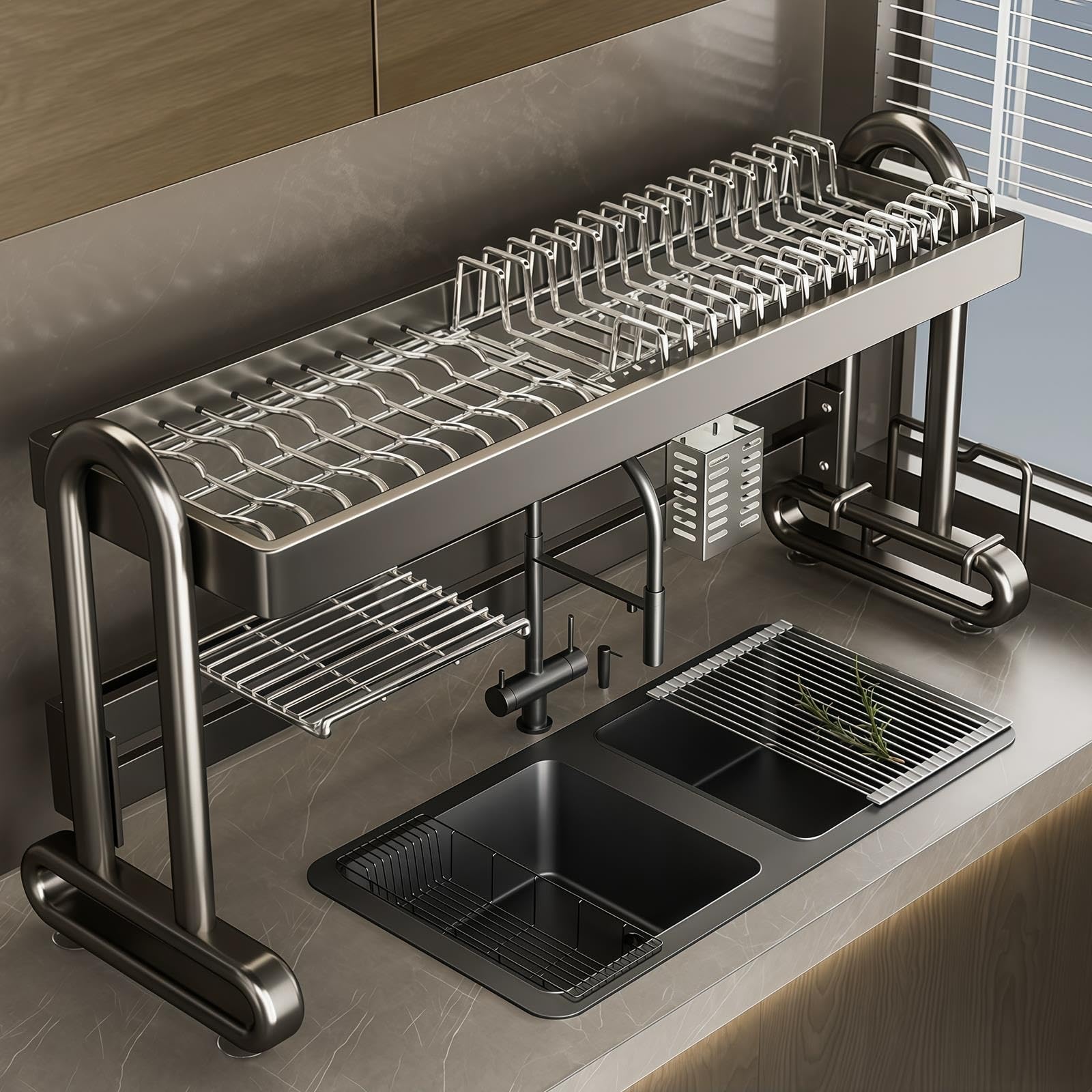 Escurreplatos grande de metal de 2 niveles,soporte for utensilios de cocina