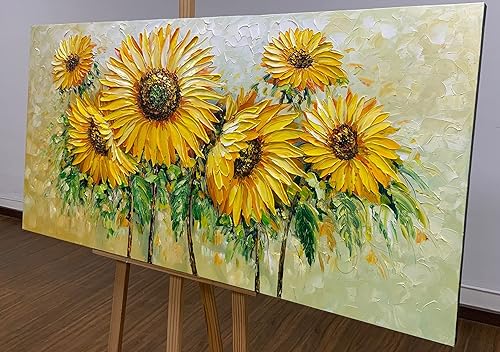 Miniatura 2 de AZAVY Arte, pintura de cuchillo pintado a mano de 24 x 48 pulgadas, arte de pared, pintura al óleo de girasol con textura, pintura abstracta de