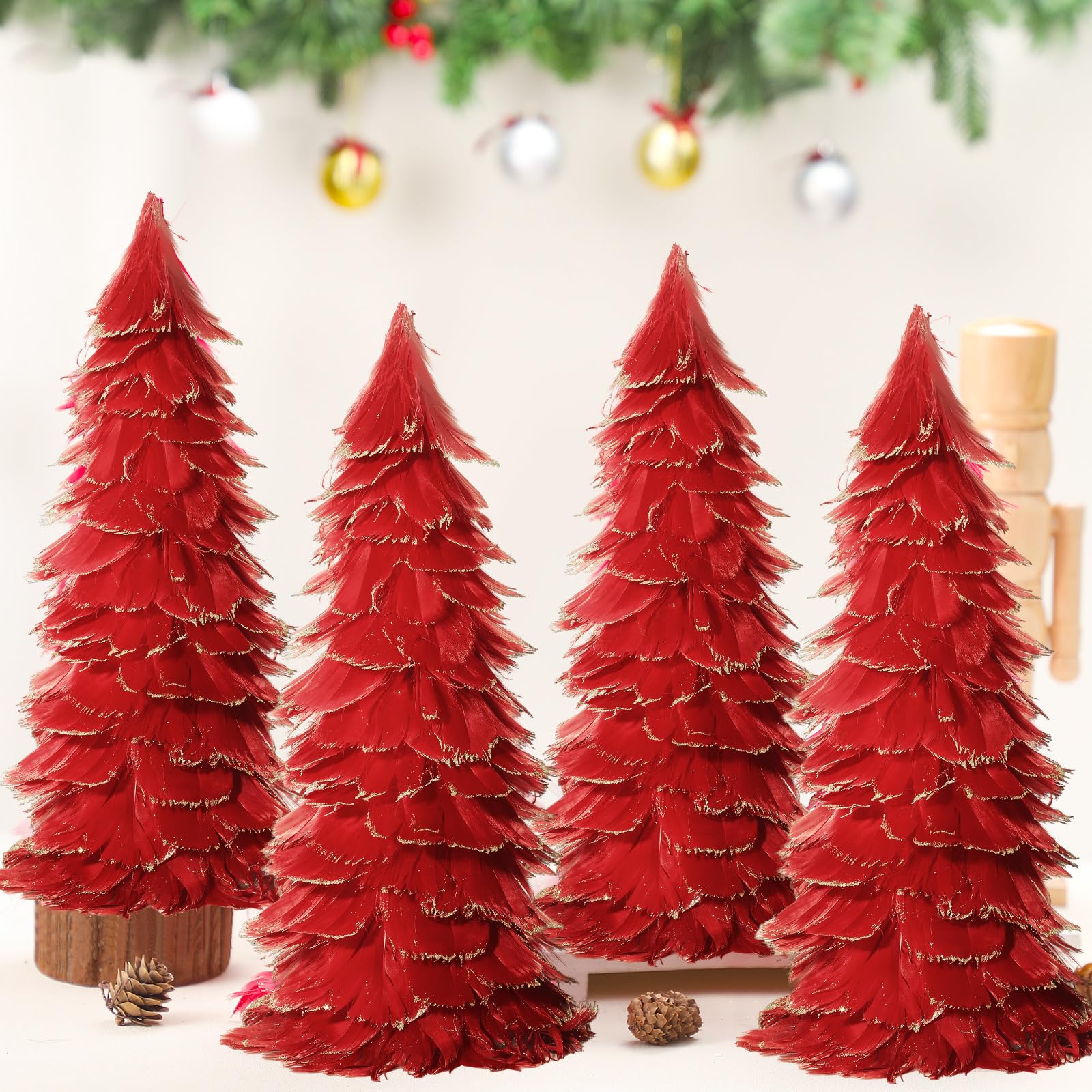 Liliful 4 Pcs Christmas Feather Tree with Glitter Tips 12'' Table Top Feather Christmas Tree Xmas Tree Tabletop Decorations Centerpieces for Winter Wedding Party Shelf Home Decor (Red)