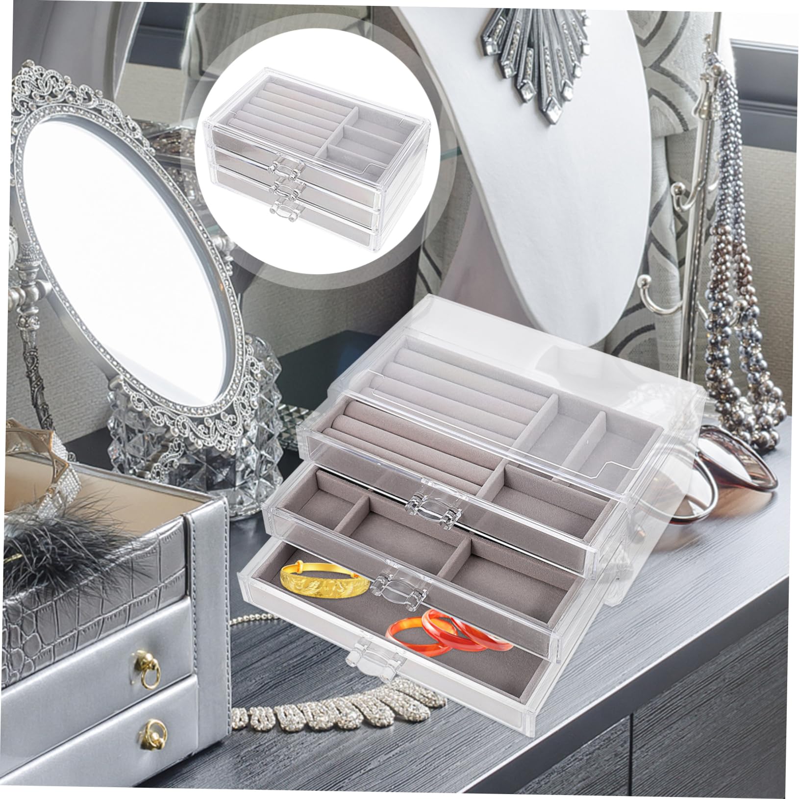BESPORTBLE Scatola Organizer per Accessori 3 Scomparti in Plastica e Pelucchi, Salvaspazio Multifunzionale per Scrivania e Armadio, per Piccoli Oggetti