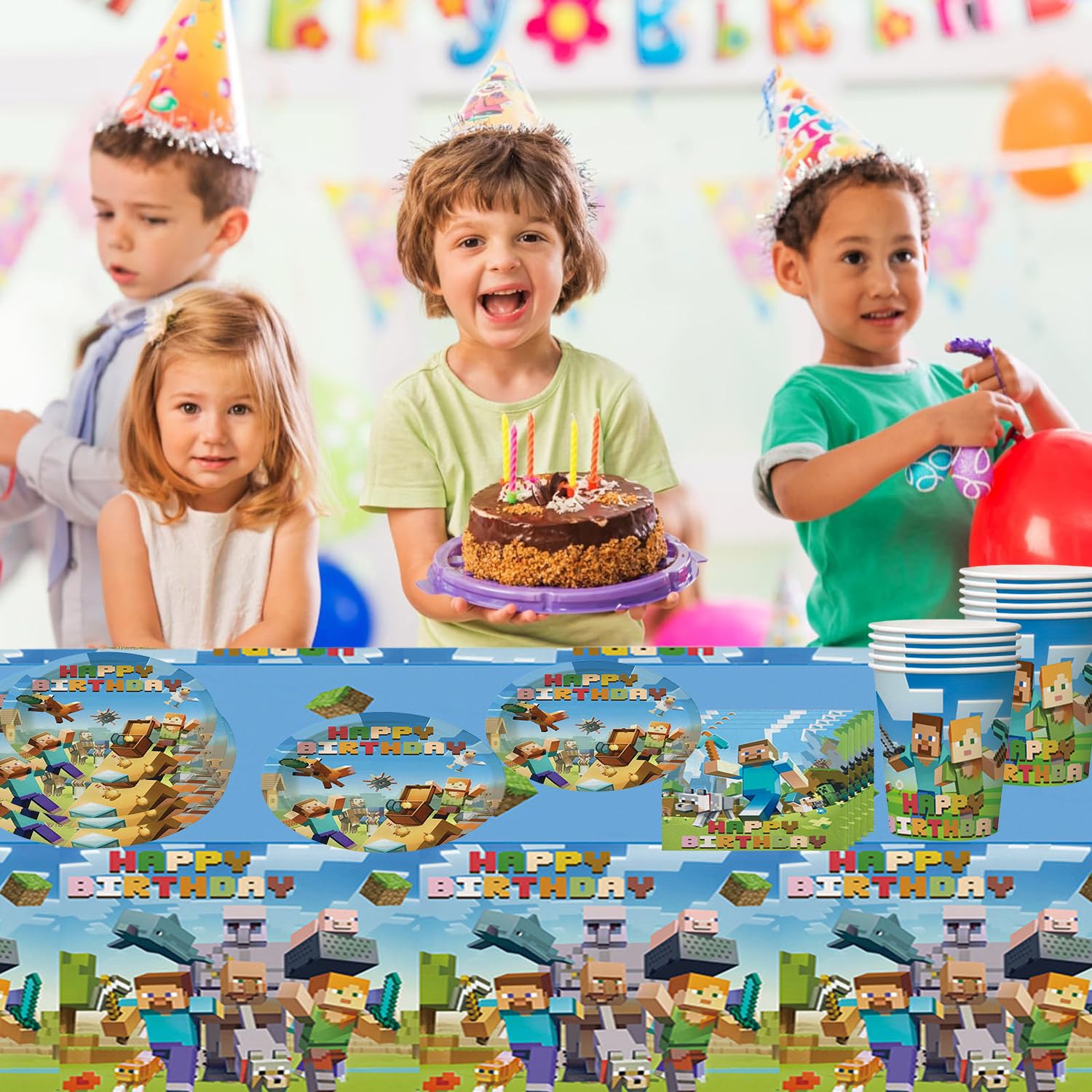 Decorazioni Compleanno A Tema Pixel Per Ragazzi - Con Striscione, Palloncini, Tovaglia E Torta - Foto 4