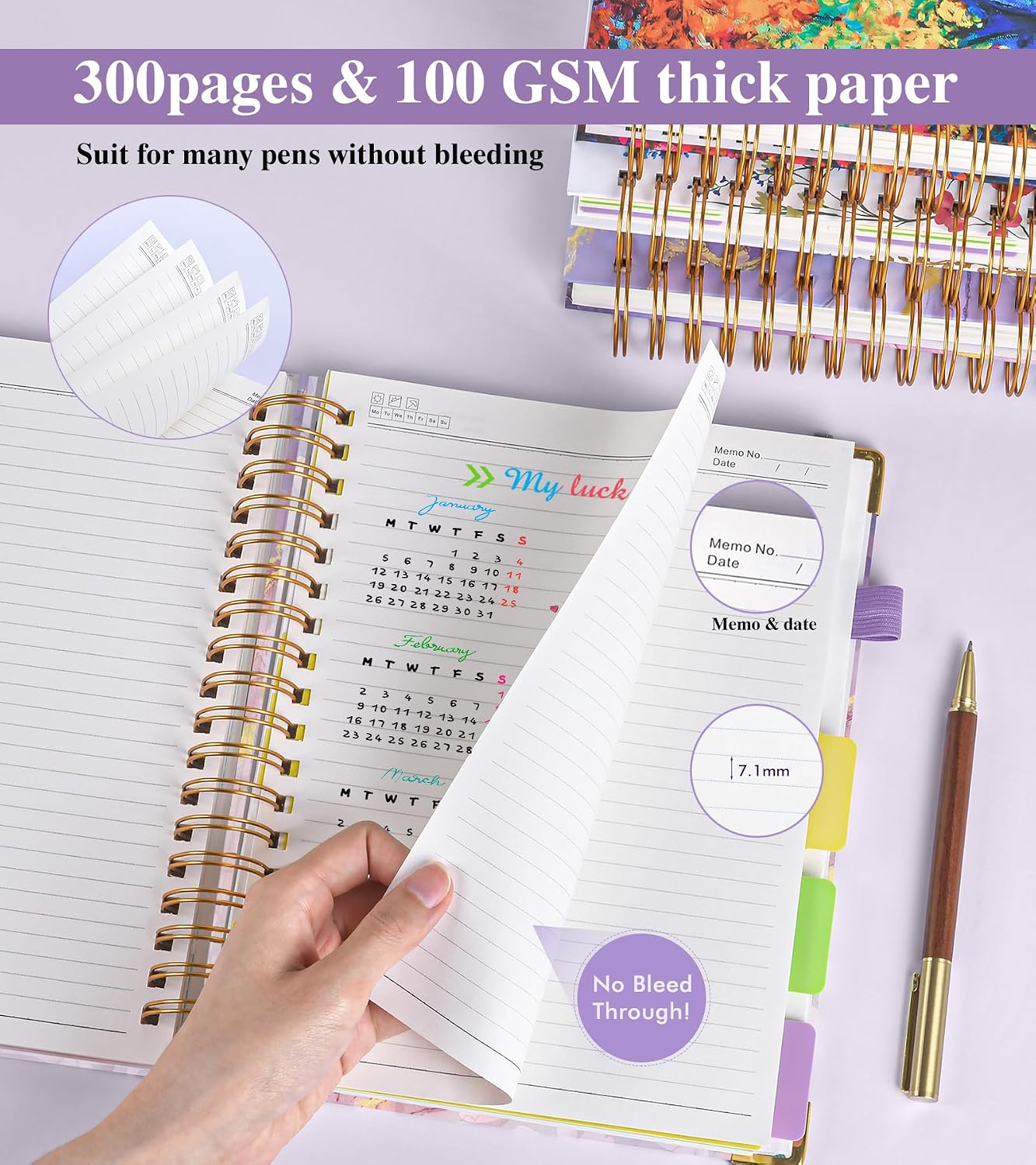 Hardcover Spiral Notebooks for Work, 300 Pages 5 Subject Notebook College Ruled with Dividers Tabs, 8"x10" Aesthetic Lined Spiral Journal for Women, 100GSM Large Cute Notebook for School,PinkMarble image 5