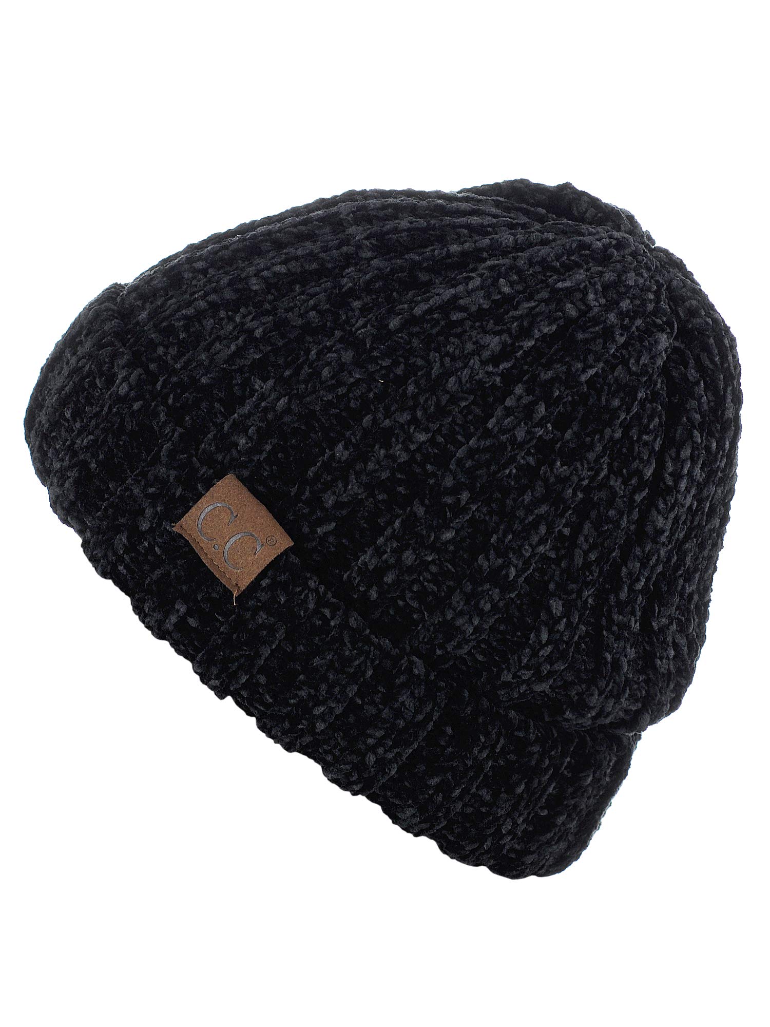 C.C Unisex Chenille Soft Warm Stretchy Thick Cuffed Knit Beanie Cap Hat-Black