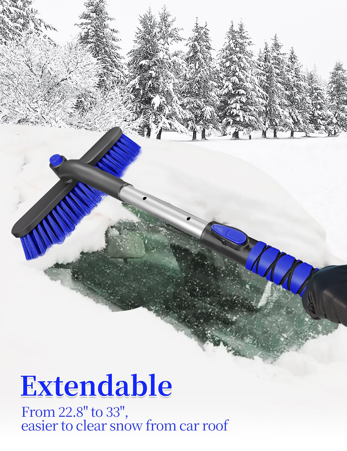 HEEYA Raschietto per Auto 32,6 cm, Spazzola da Neve e Raschietto per Ghiaccio Estensibile per Parabrezza, SUV, Camion, Blu