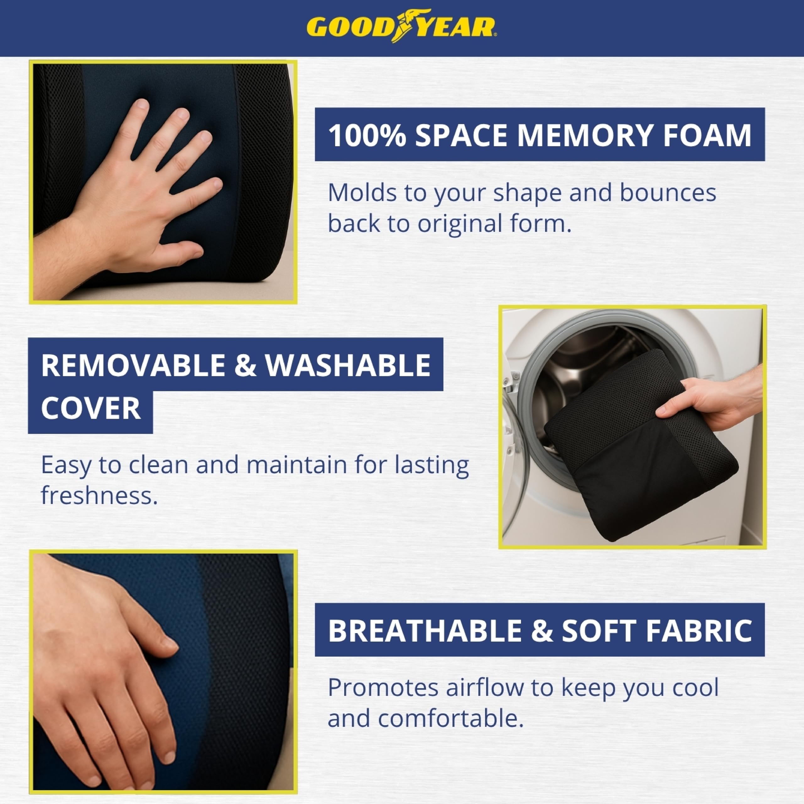 Goodyear GY1217 Coussin Lombaire rafraîchissant en Mousse à mémoire de Forme de qualité supérieure pour soulager Les douleurs dans Le Bas du Dos Sangle réglable pour différentes Tailles de siège