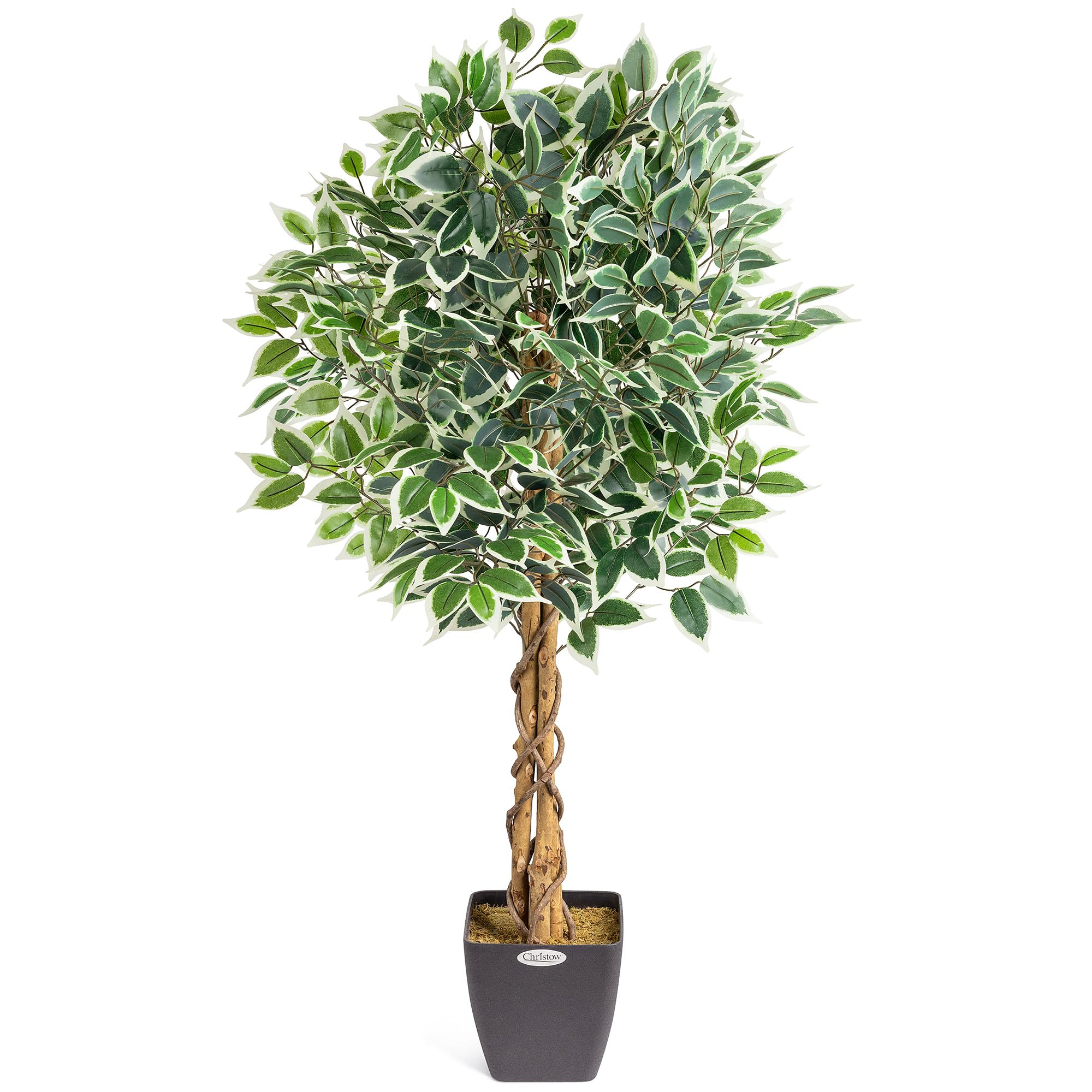Christow Variegated Artificial Ficus Tree, Fake Weeping Fig House Plant For Home Decoration, Lifelike Leaves, Natural Wooden Trunk With Twists, Weighted Pot, Indoor Outdoor (120Cm / 4Ft)