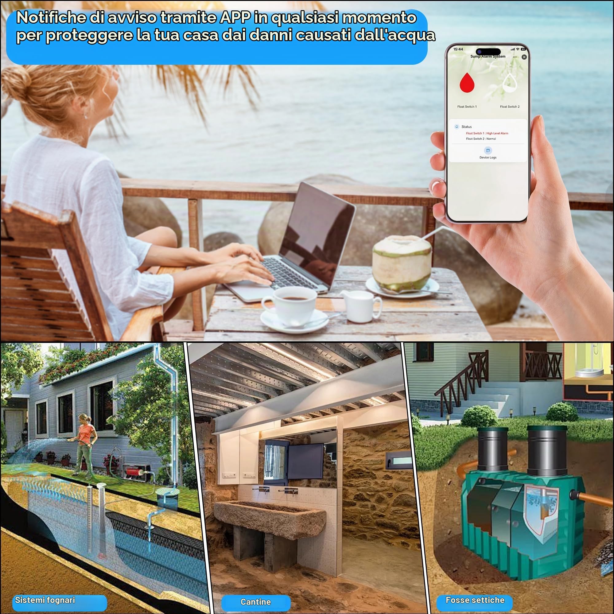 LUCKYDUO Z7PRO Allarme WiFi Pompa Sommersa, Backup, Alto/Basso, 110dB