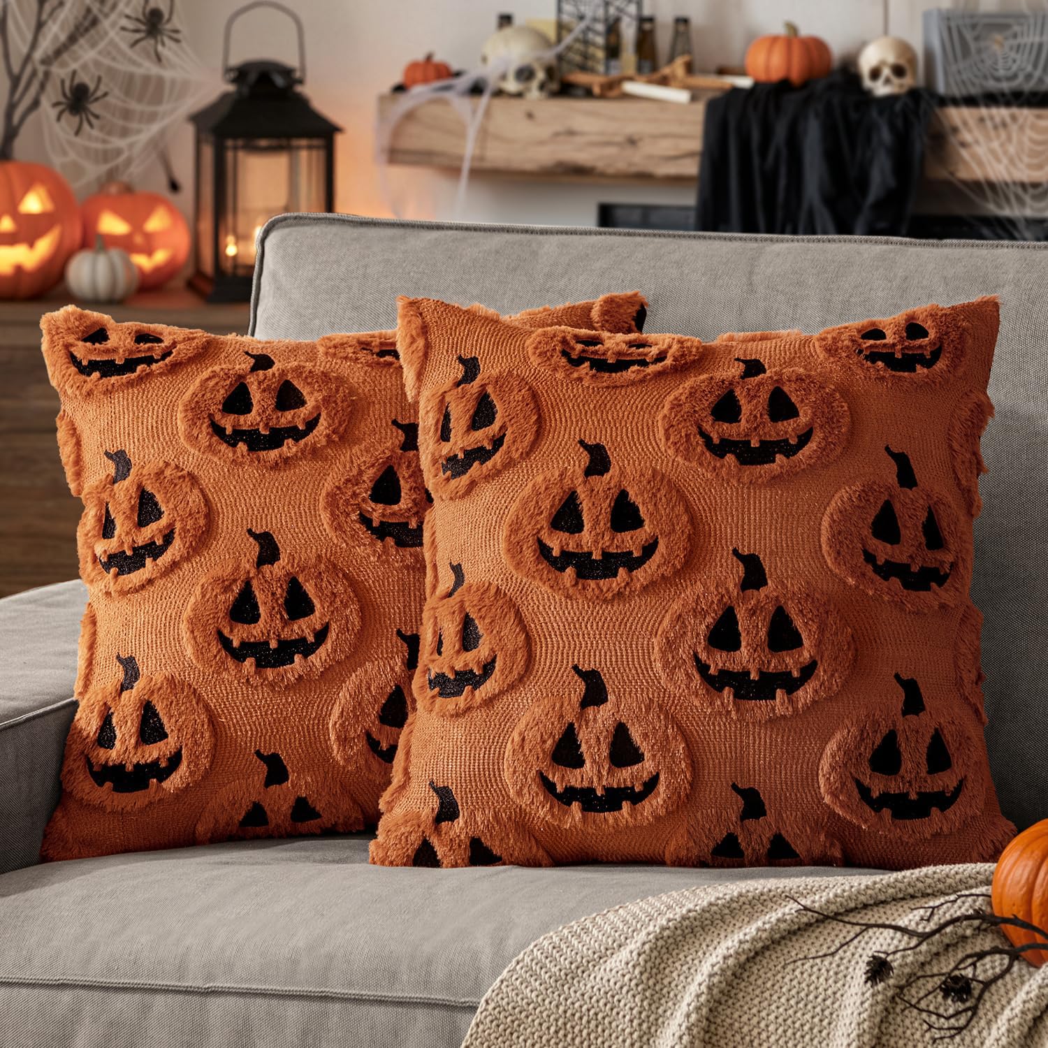 MIULEE 2 Pack Halloween Cushion Covers 50x50 Caramel Ghost Pumpkin