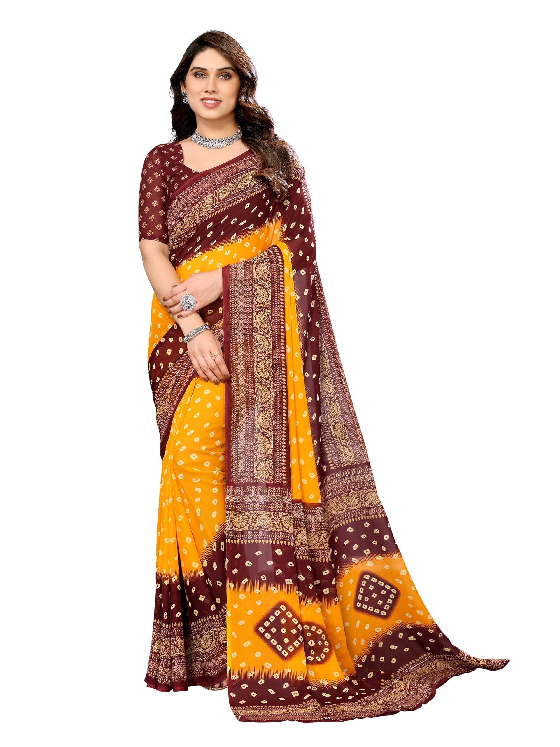 anand sarees Women's Printed, Geometric Print Bandhani Georgette Saree with Matching Blouse Piece | Stylish & Beautiful Fancy Saree for Festivals, Wedding, Parties, Casual Outings (Yellow, Maroon)-picture-38