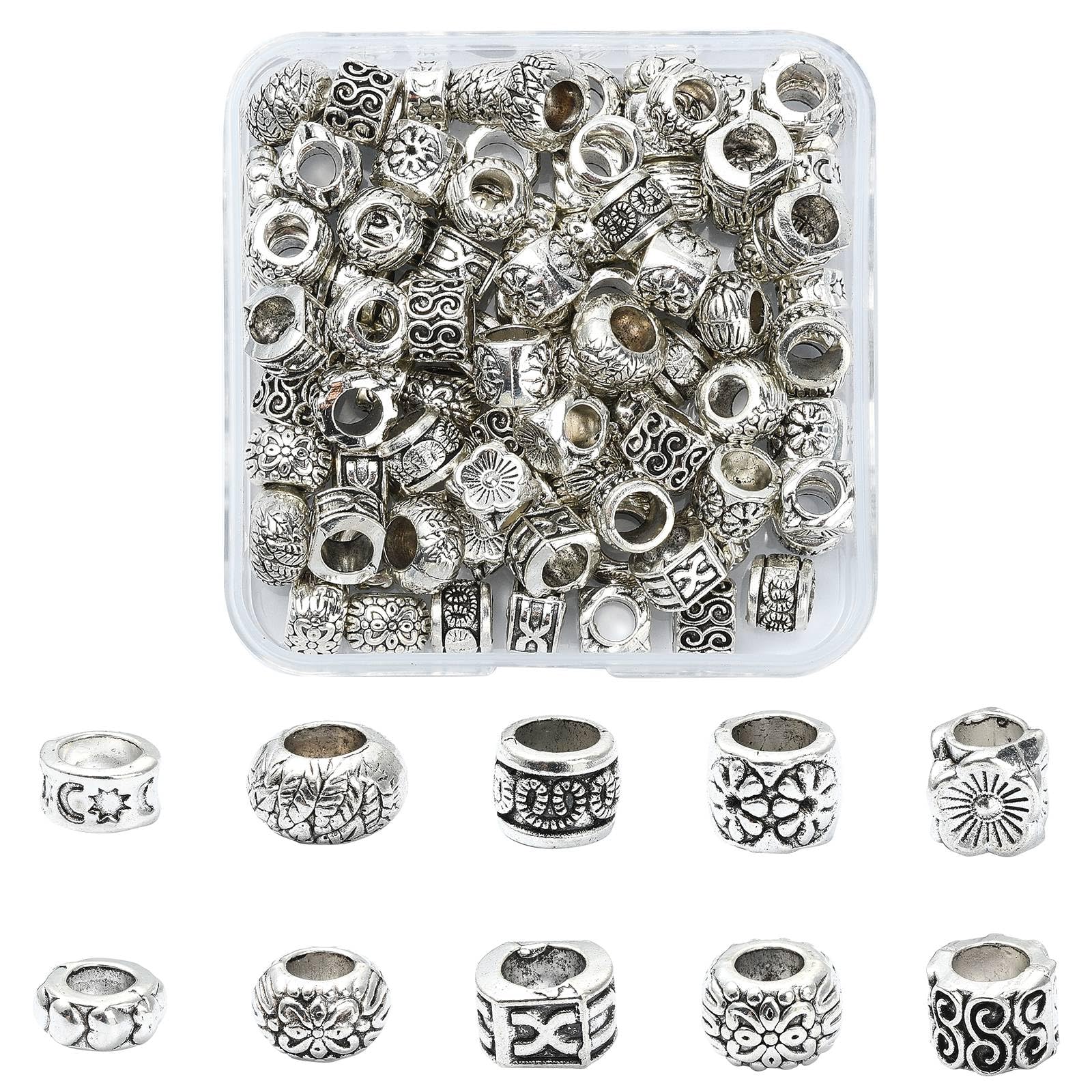 UR URLIFEHALL 100 Pcs 10 Styles Antique Silver Spacer Rondelle Column Beads European Large Hole Beads for Hair Crafts Decor Jewellery — image 1