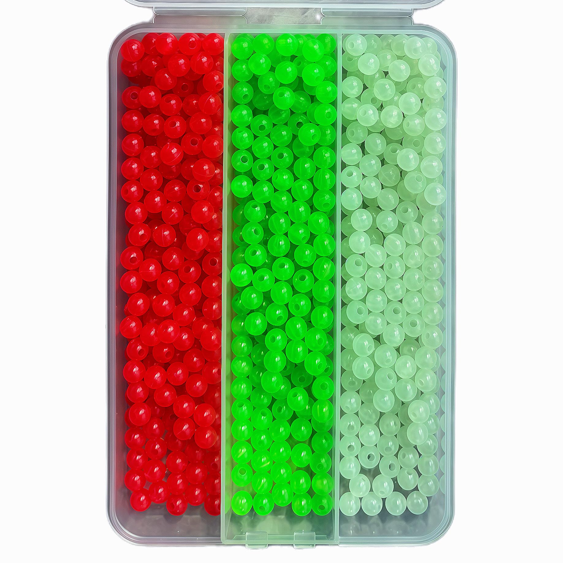 Fishing Beads 6mm 8mm 10mm Size Options, Glow in The Dark Beads Assorted, Each Box Contains 3 Colors Red Green White for Freshwater Saltwater Fishing Rigs Catfish Steelhead Lure Making