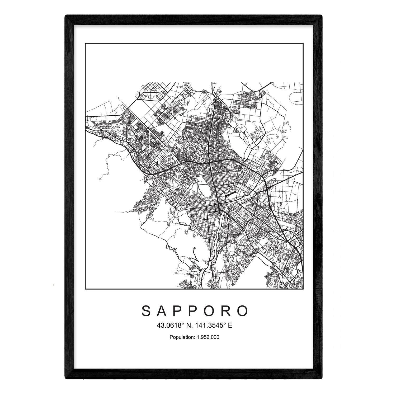 Nacnic Map of the city Sapporo Sapporo Nordic style in black and white. Poster A3 Size Framed with Black Frame Printed Paper 250 gr. Pictures, sheets and posters for Salon and Bedroom