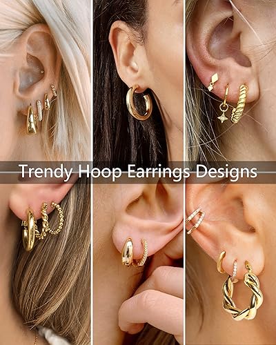 Miniatura 4 de Adoyi Gold Hoop Earrings Set for Women 14K Gold Plated Chunky Hoops Twisted Huggie Gold Hoop Earrings for Gift Lightweight