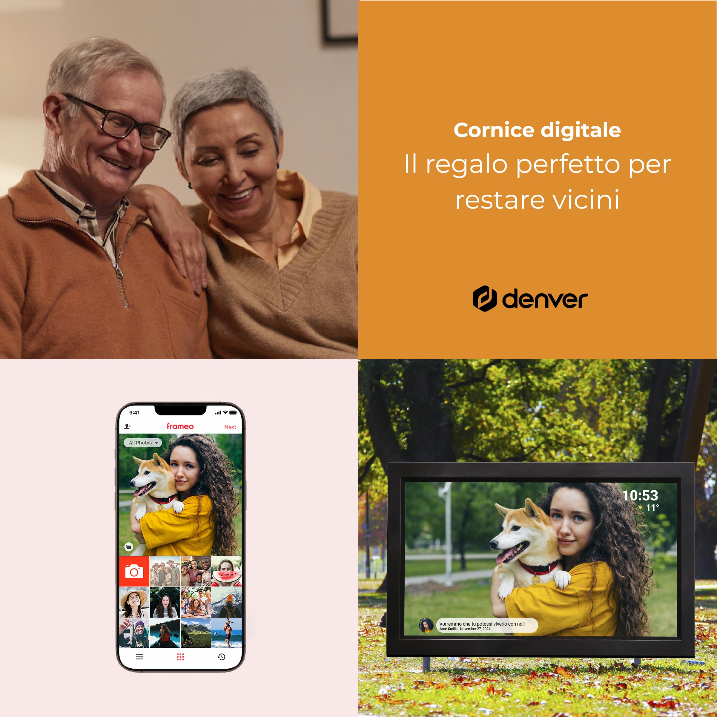 Cornice Digitale 15 Pollici WiFi - Schermo IPS Full HD 1920x1080 - Portafoto Digitale Frameo Denver per Foto e Video - Cornice Elettronica Touchscreen Smart - 16GB Memoria - Slot microSD - Nera