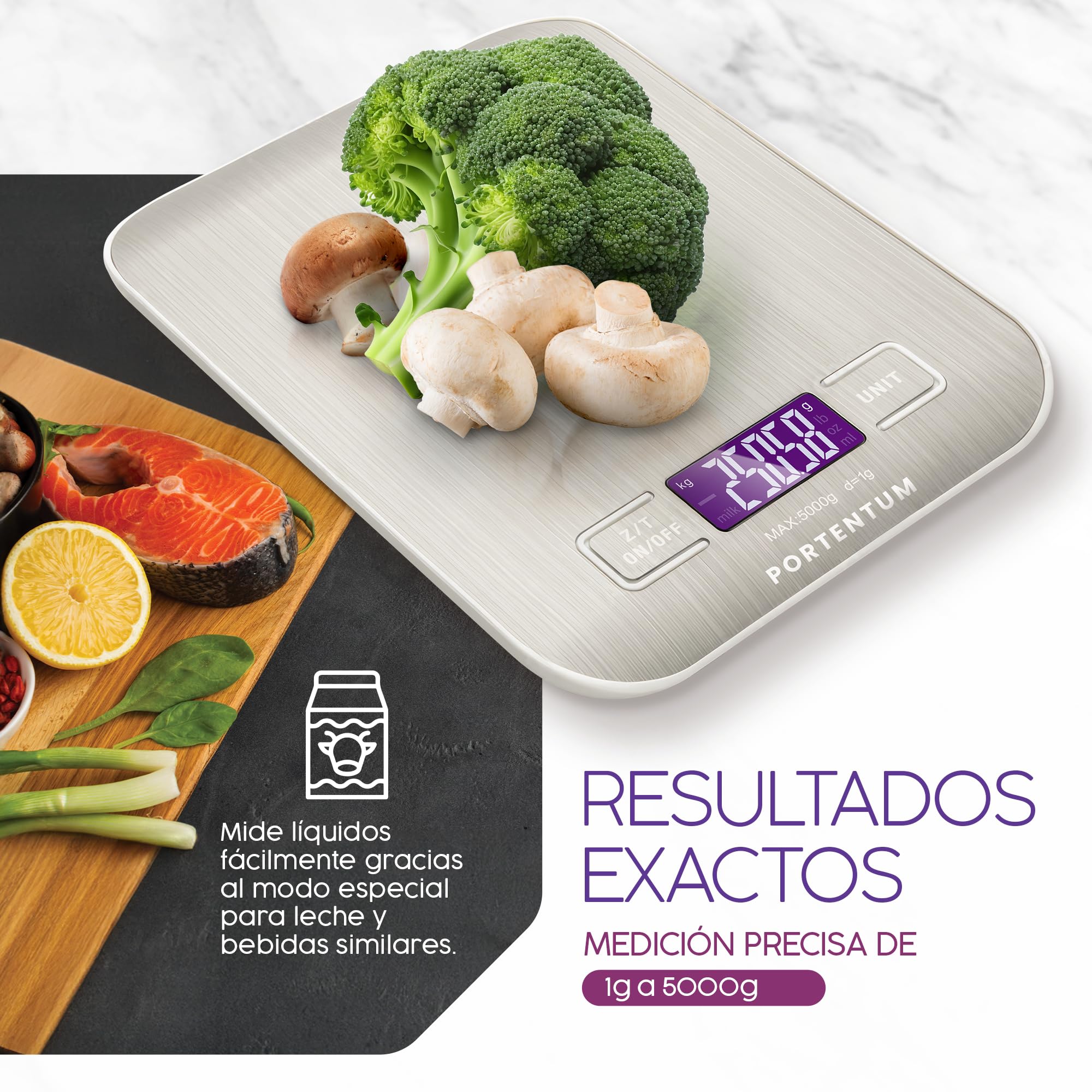 PORTENTUM Peso de Cocina con Pantalla LCD, Acero Inoxidable, Balanza cocina precisa de 1 gramo a 5 kg/11 lbs, Plata
