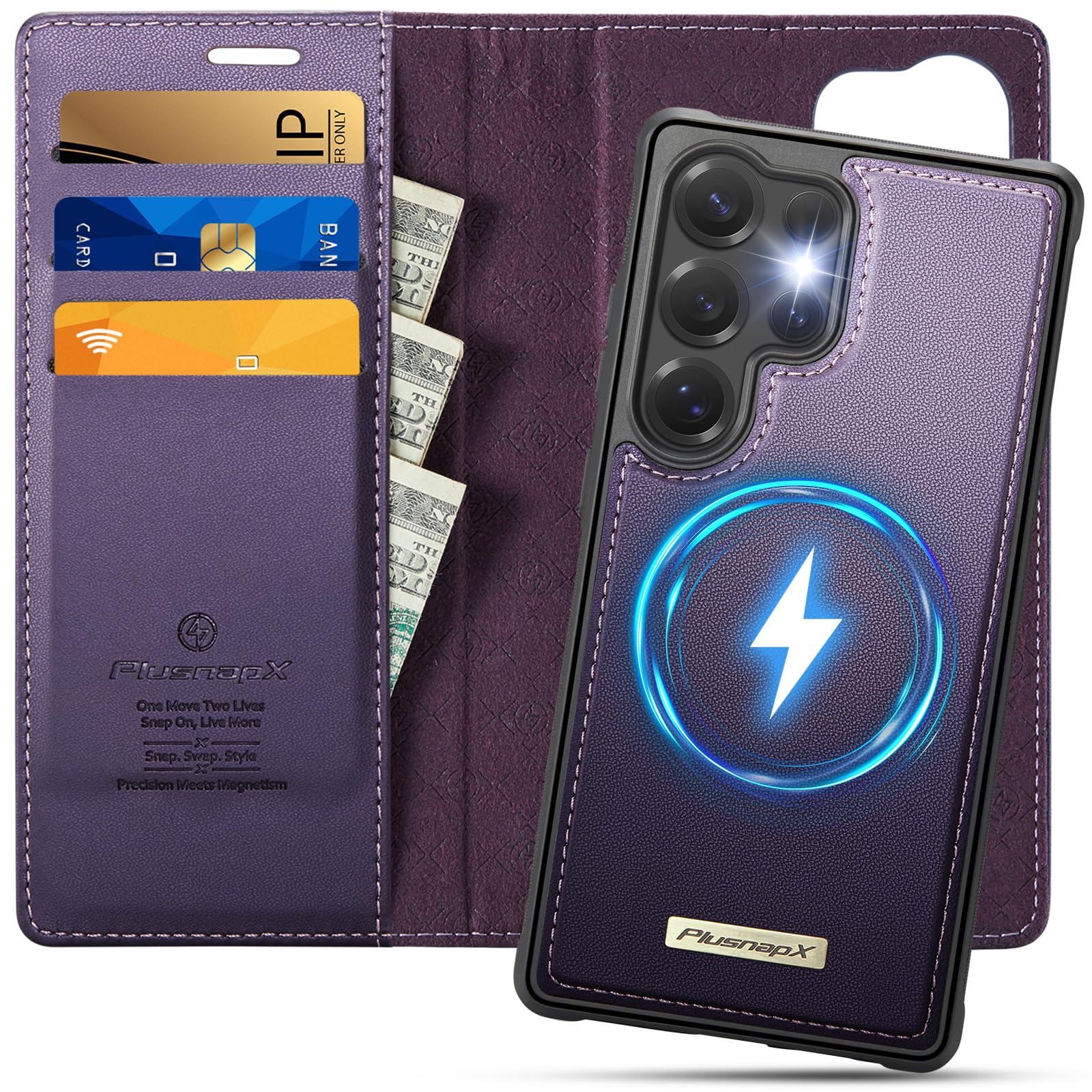 Funda tipo cartera para Samsung Galaxy S25 Ultra compatible con Magsafe, 2 en 1, de piel sintética, con bloqueo RFID, tarjetero, a prueba de golpes, magnética, desmontable, para Galaxy S25