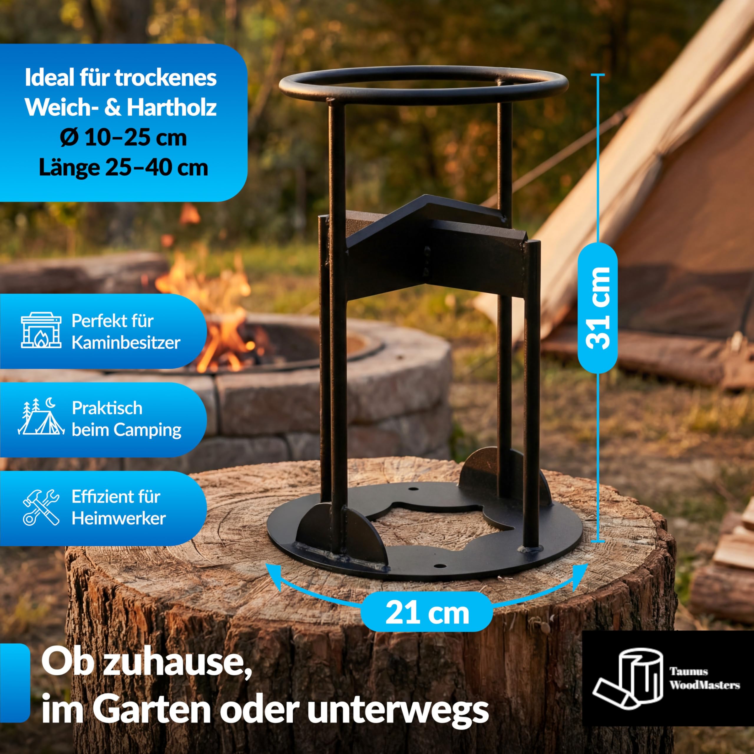Manuelles Holzspalter Set – Handholzspalter mit Bodenanker, Transportnetz und Schleifstein – Sicher Holz spalten ohne Strom – Taunus Woodmasters