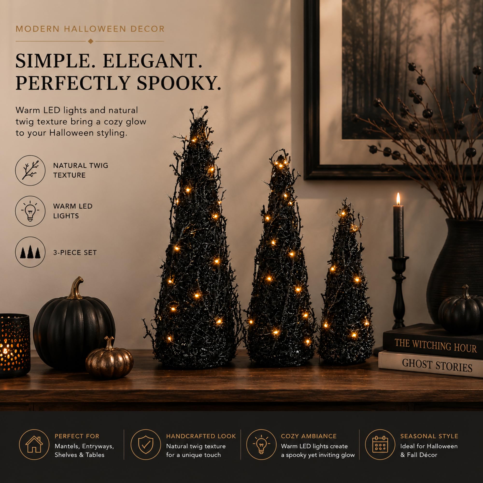 Thyle 3 decorazioni per albero di Halloween, albero di Halloween, nero, con luci a LED, decorazione per interni ed esterni