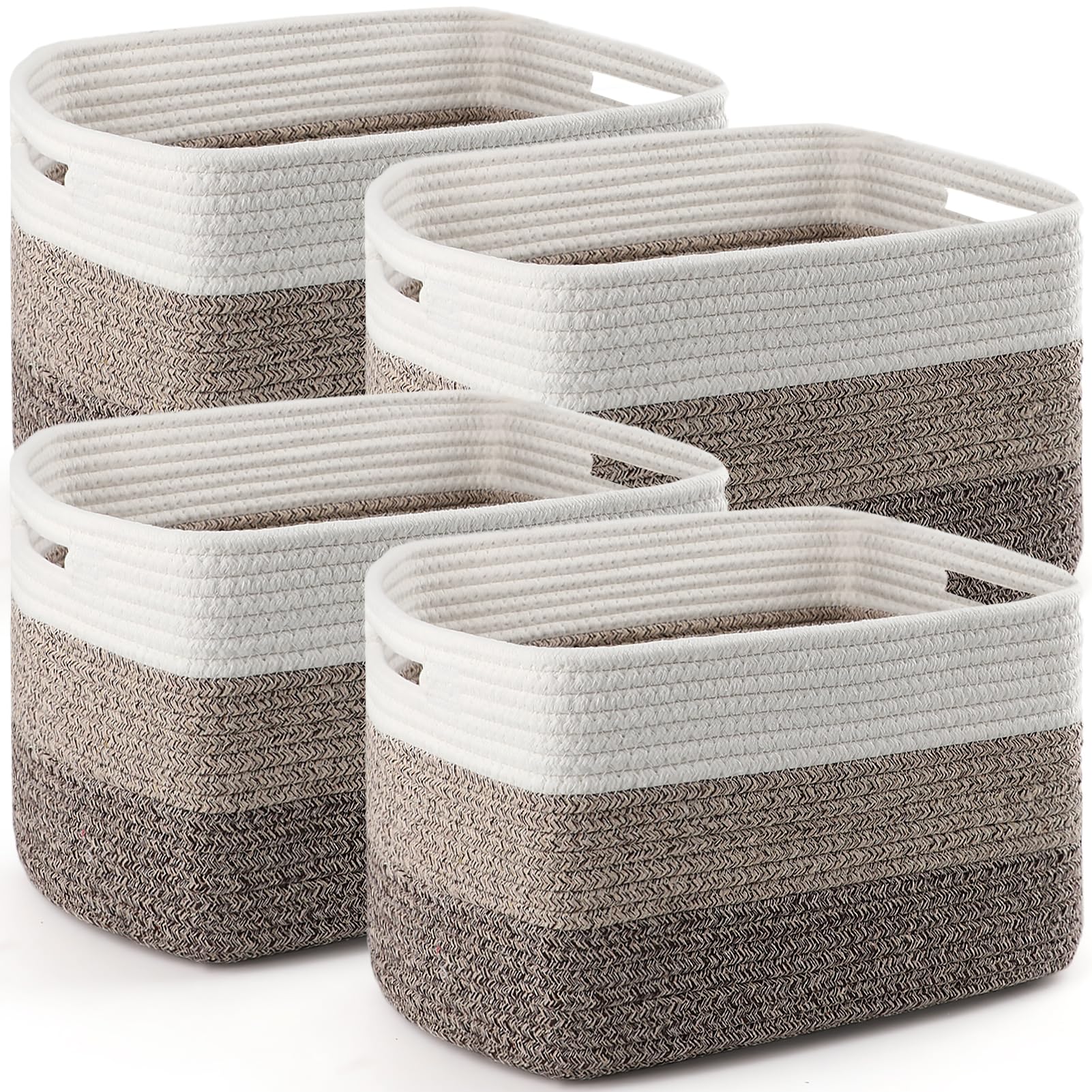 4 Pack Storage Baskets for Organizing, 12''Lx10''Wx8''H Woven Baskets for Storage Toys, Towels, Books, and Clothes, Cotton Rope Basket for Shelves with Handle White & Brown
