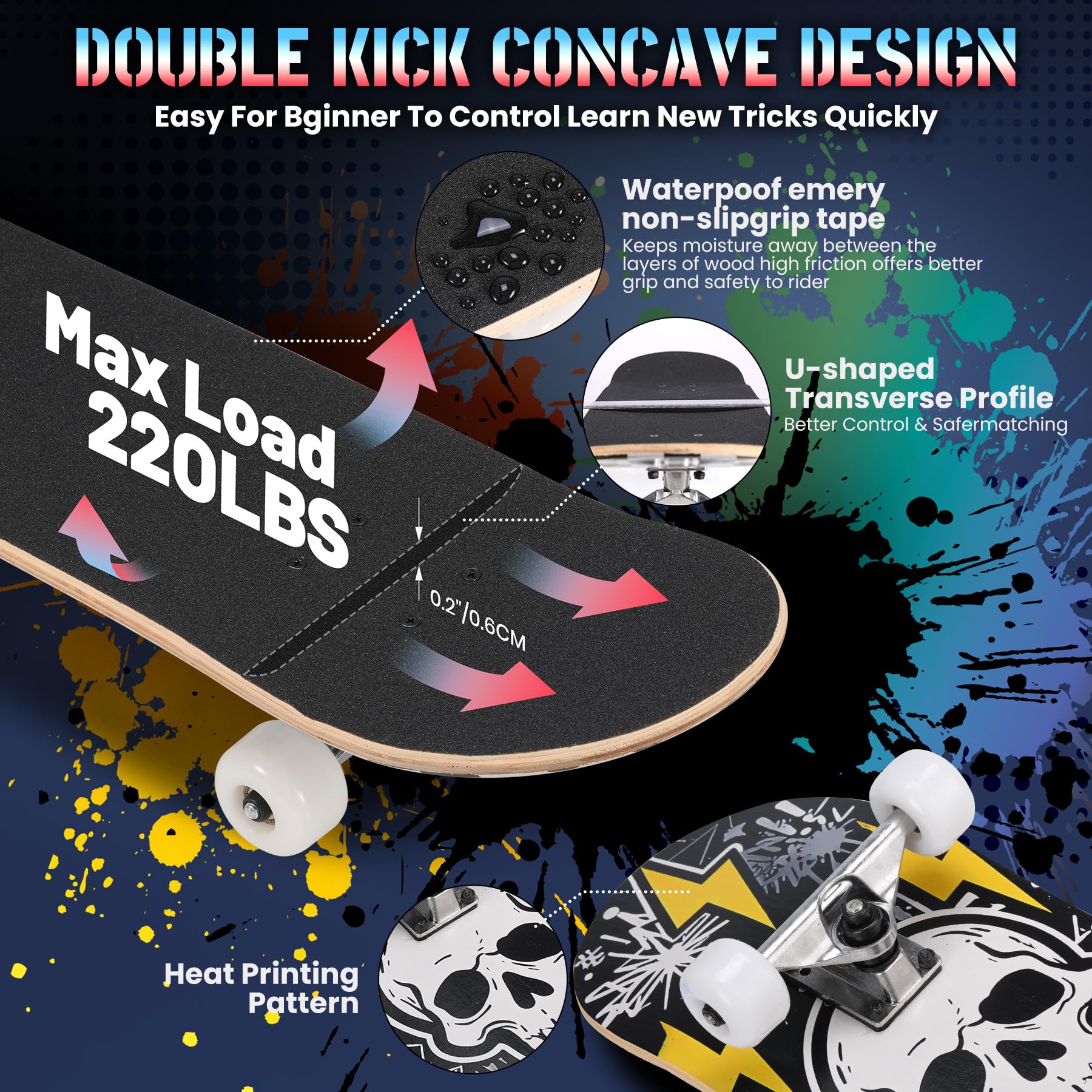 Planche à roulettes Pro complète pour débutants, filles, garçons, enfants, adolescents, adultes, 78,7 x 20,3 cm, 7 couches, érable canadien, longboard concave double kick