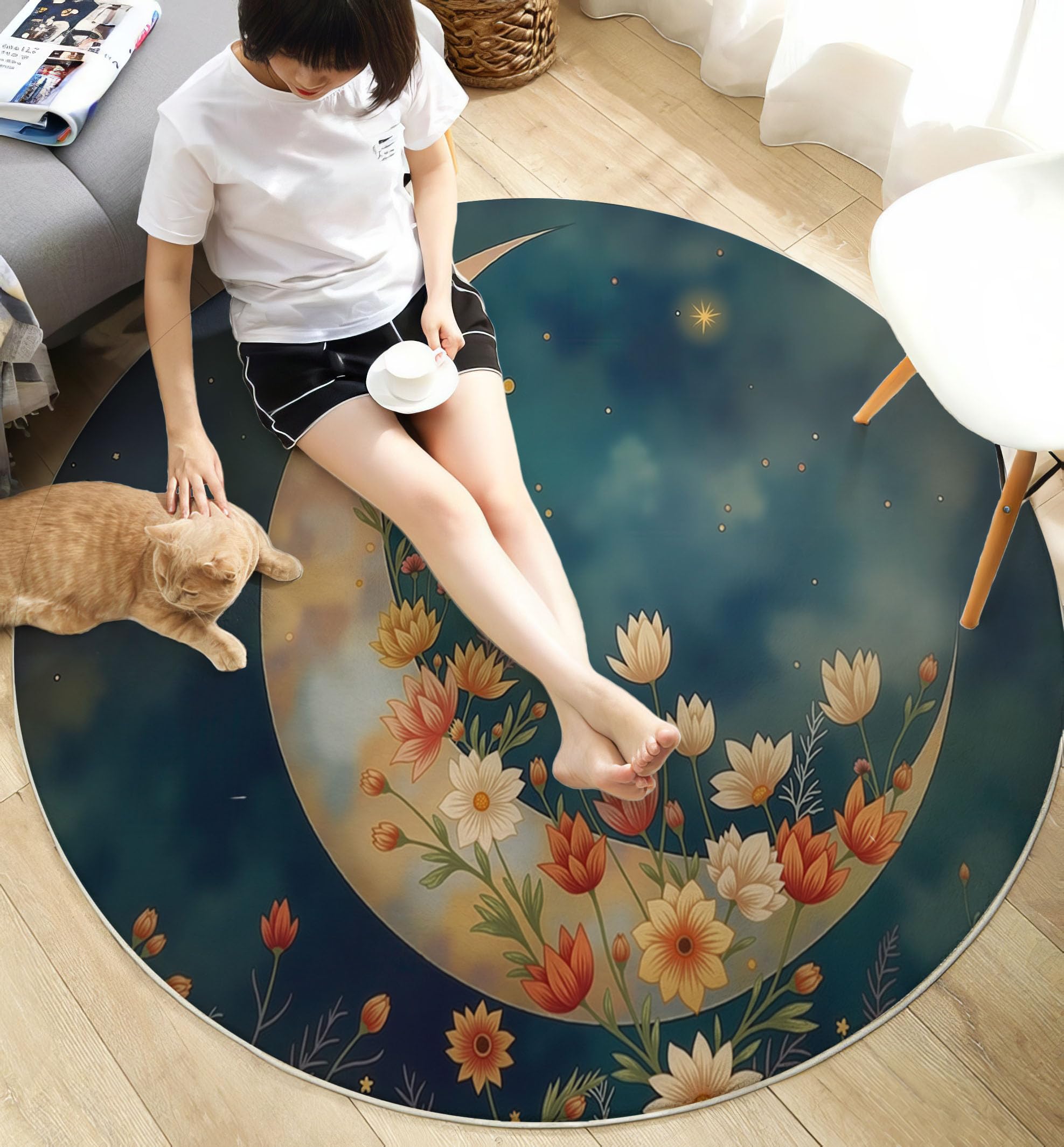 Tapis Rond 120cm, Lune Fleurs Ciel Étoilé Imprimé Décoration Antidérapant Bleu Rêveur Romantique Tapis de Sol, pour Salon Chambre Cuisine Balcon Terrasse Salle à Manger - Facile À Nettoyer