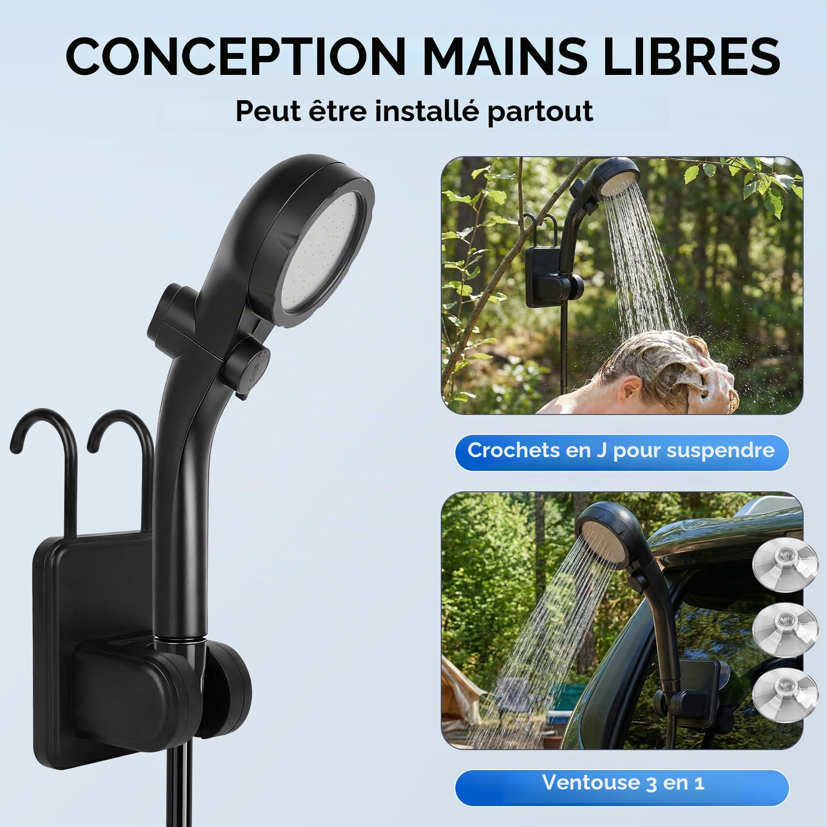 Douche portable pour camping avec chauffe-eau à immersion, pompe de douche rechargeable 6000 mAh avec écran LED intelligent, pompe de douche de camping en plein air pour randonnée, voyage, lavage de
