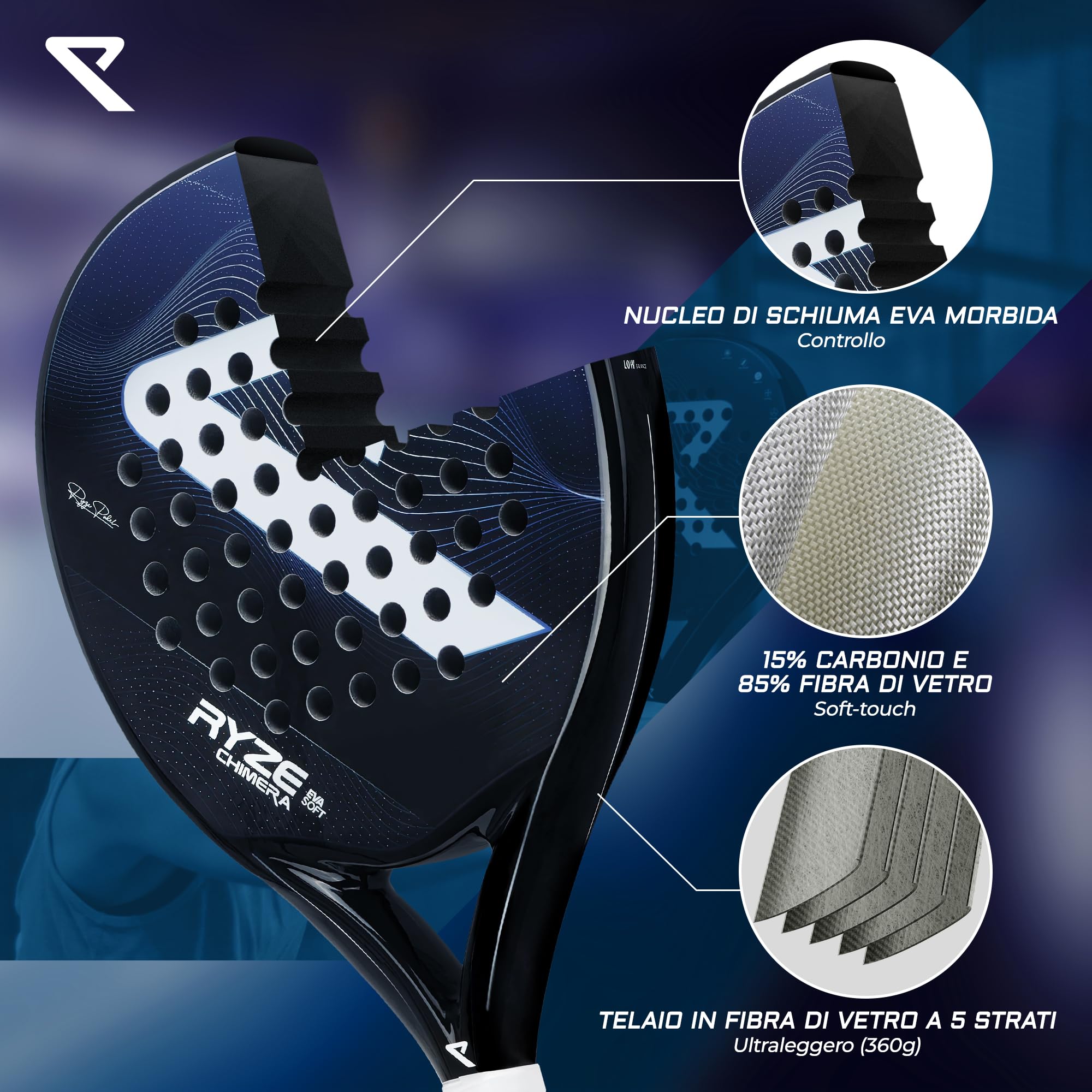 RYZE CHIMERA Racchetta da Padel - Fibra di Carbonio e Fibra di Vetro - Massima Controllo e Precisione - Struttura Leggera 360g con EVA-15 Flex - Padel Racchetta per Uomo e Donna - Custodia Inclusa