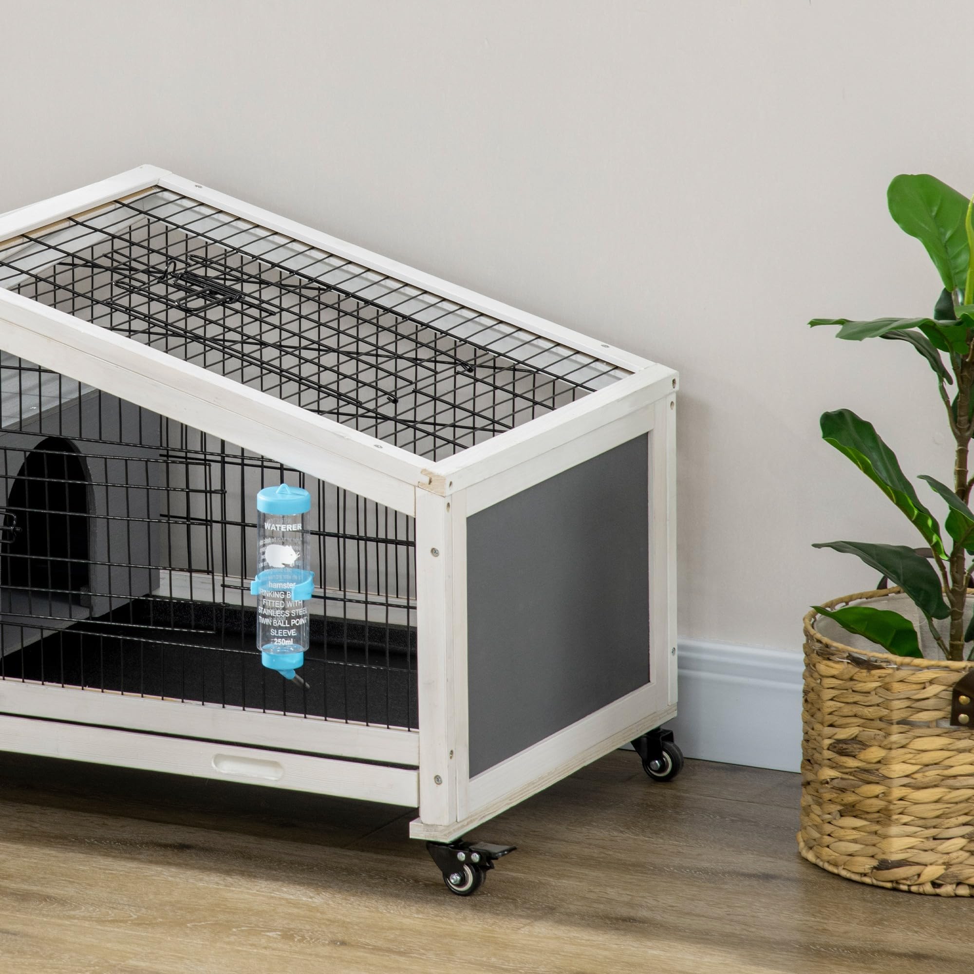 PawHut Rabbit Hutch, Guinea Pig Cage, Small Animal House Bunny Run w/Water Bottle, Wheels, Plastic Slide-out Tray, for Indoors - Dark Grey