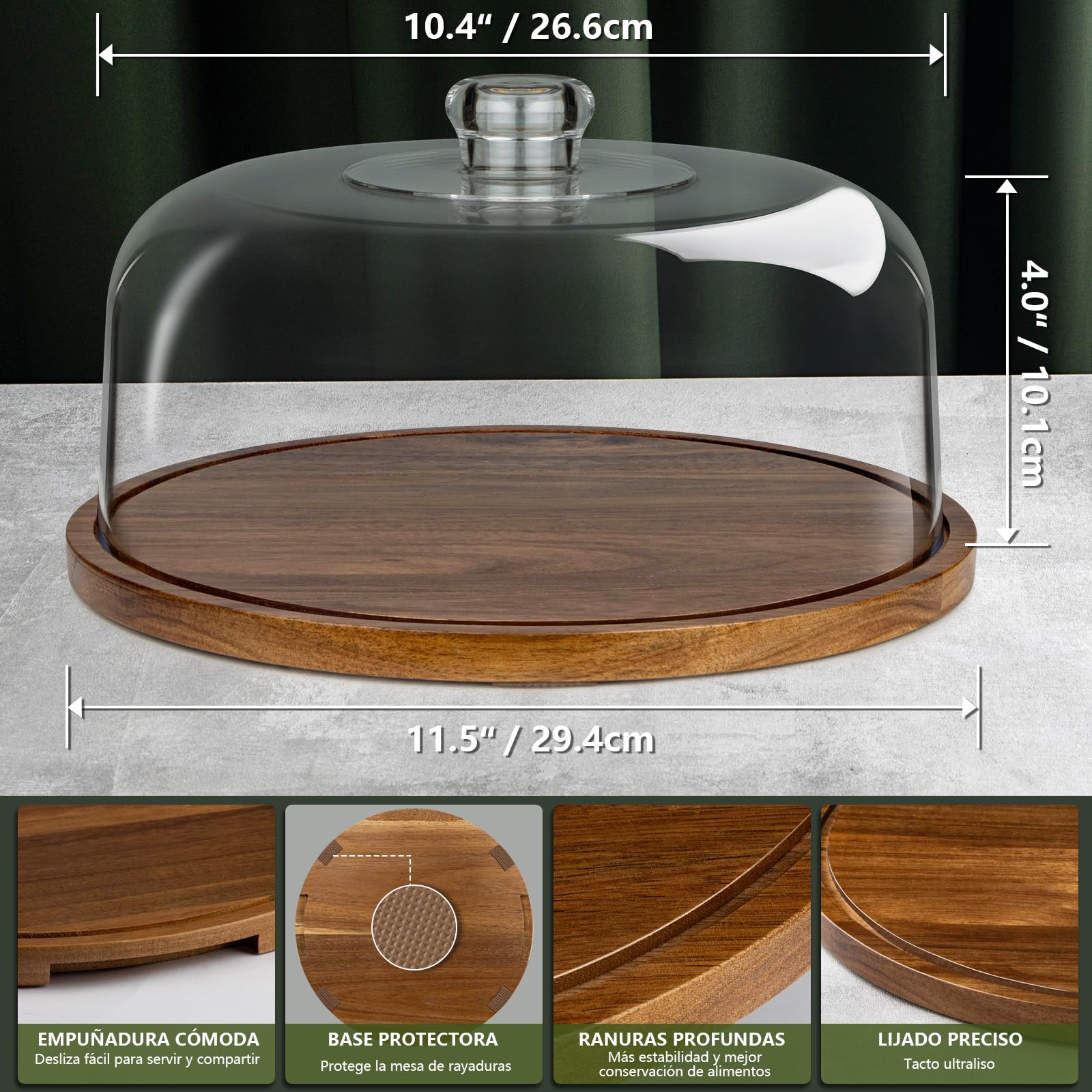 ANBOXIT Soporte Para Tartas con Tapa, Porta Tartas Madera de Acacia con Acrilico Cupula, Pedestal Soporte de Tarta con Tapa, Expositor Tartas (Plano)