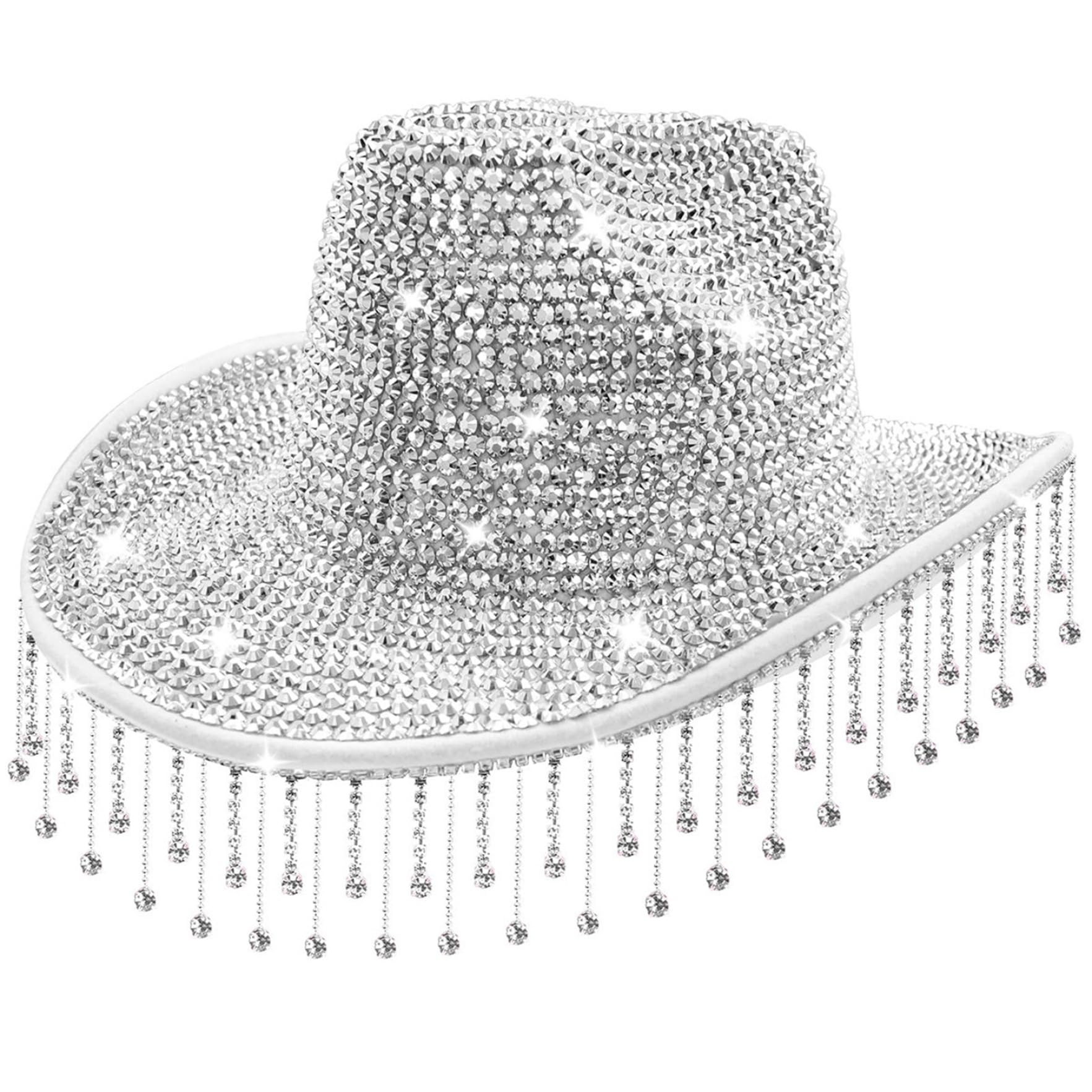 Licsaliwe Rhinestone Cowgirl Hat, Sun Protection Silver Rhinestone Cowboy Hat with Tassel, Bride Western with Adjustable Strap for Women, Wedding Party, Bachelorette