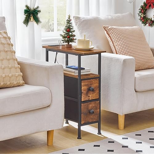 Miniatura 4 de HOOBRO Mesa auxiliar con estación de carga, mesa auxiliar estrecha con 2 cajones de tela, mesita de noche delgada con almacenamiento, mesita de
