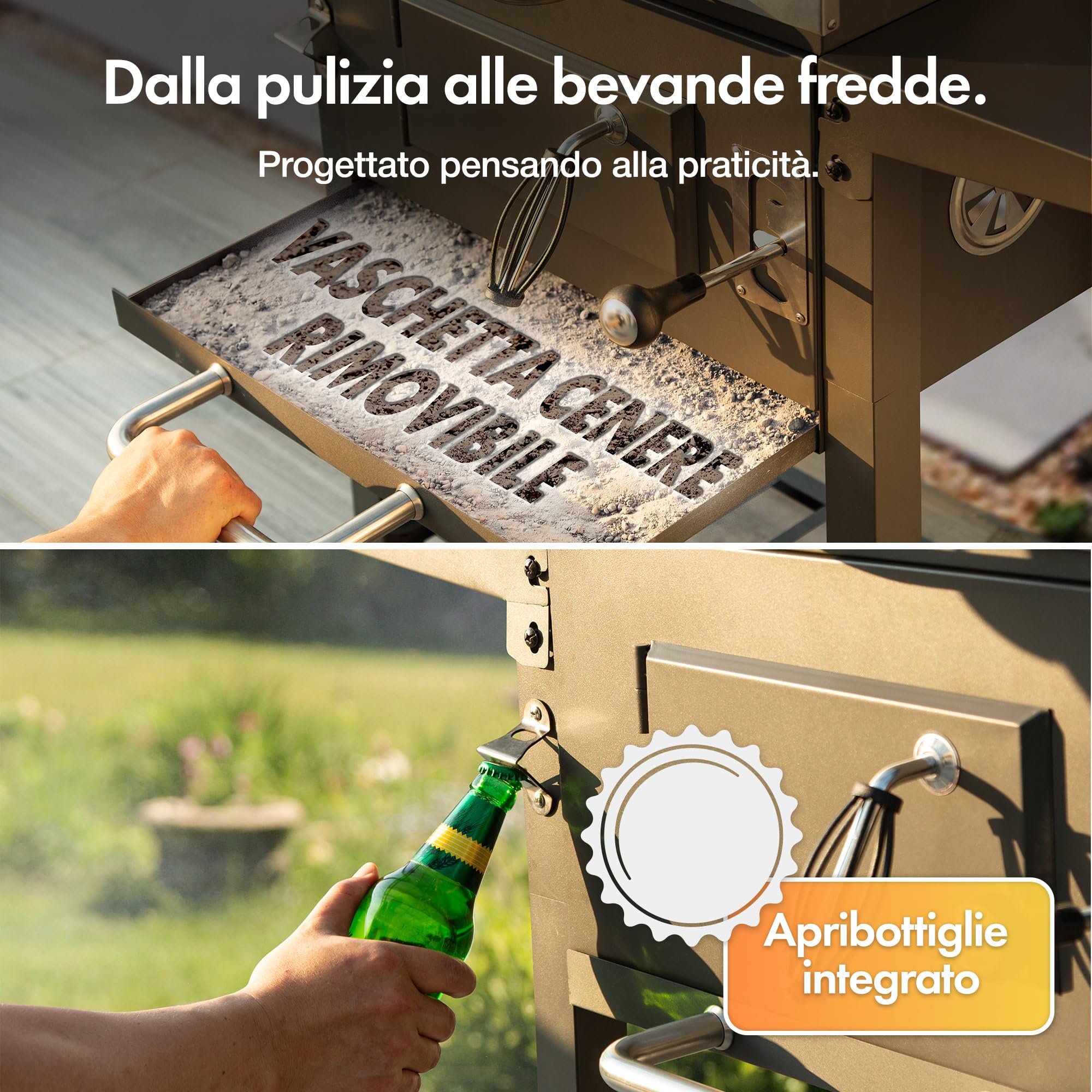 VonHaus Barbecue a Carbone – Barbecue con Griglia Scaldavivande, Altezza Regolabile, Termometro – Portatile, Cassetto Cenere, Ripiano, 2 Tavolini Laterali Pieghevoli, Ruote – Carne, Pesce e Verdure