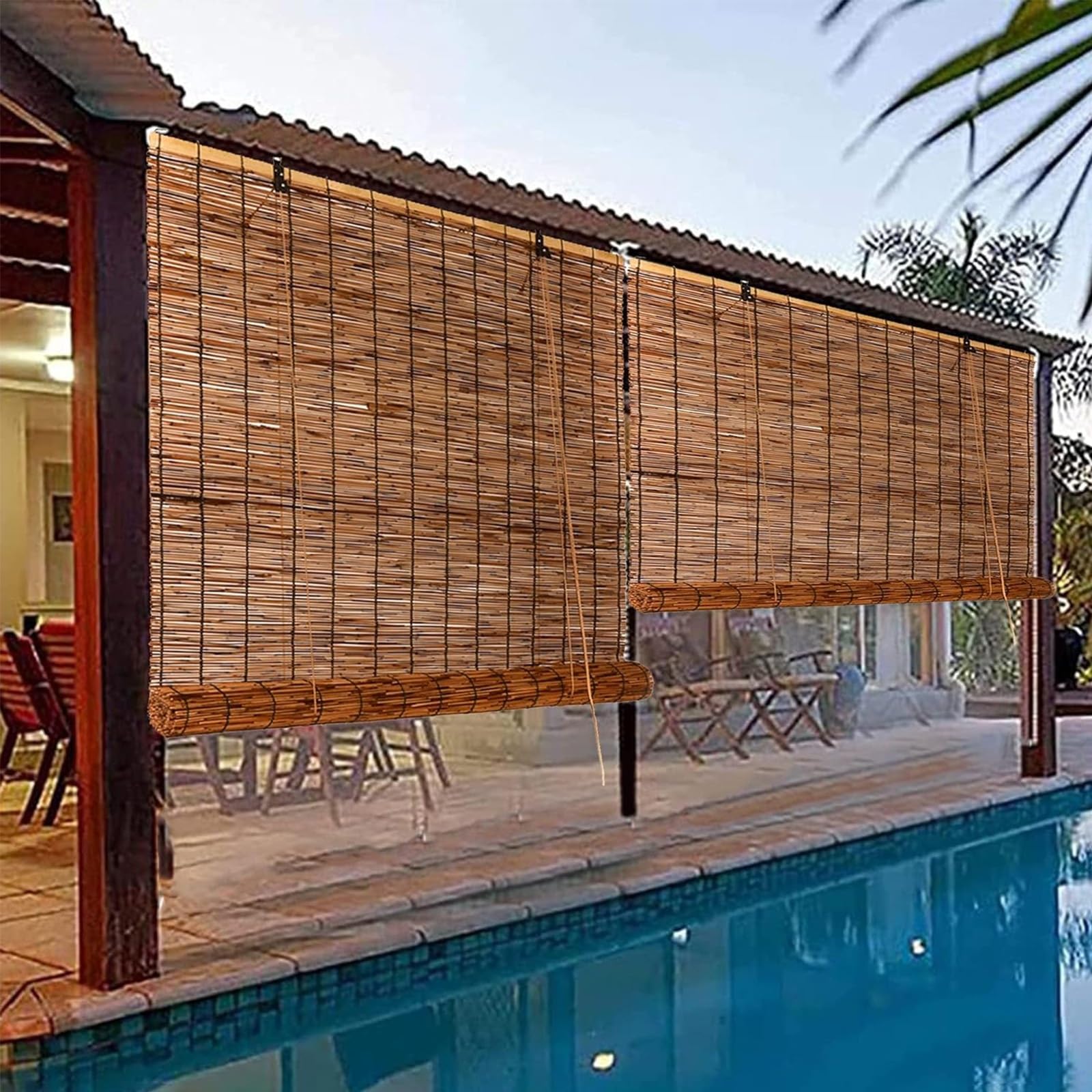 Stores de terrasse en bambou – Stores enroulables imperméables pour extérieur, stores occultants, pour porche et terrasse, 130 x 180 cm, motif bambou naturel