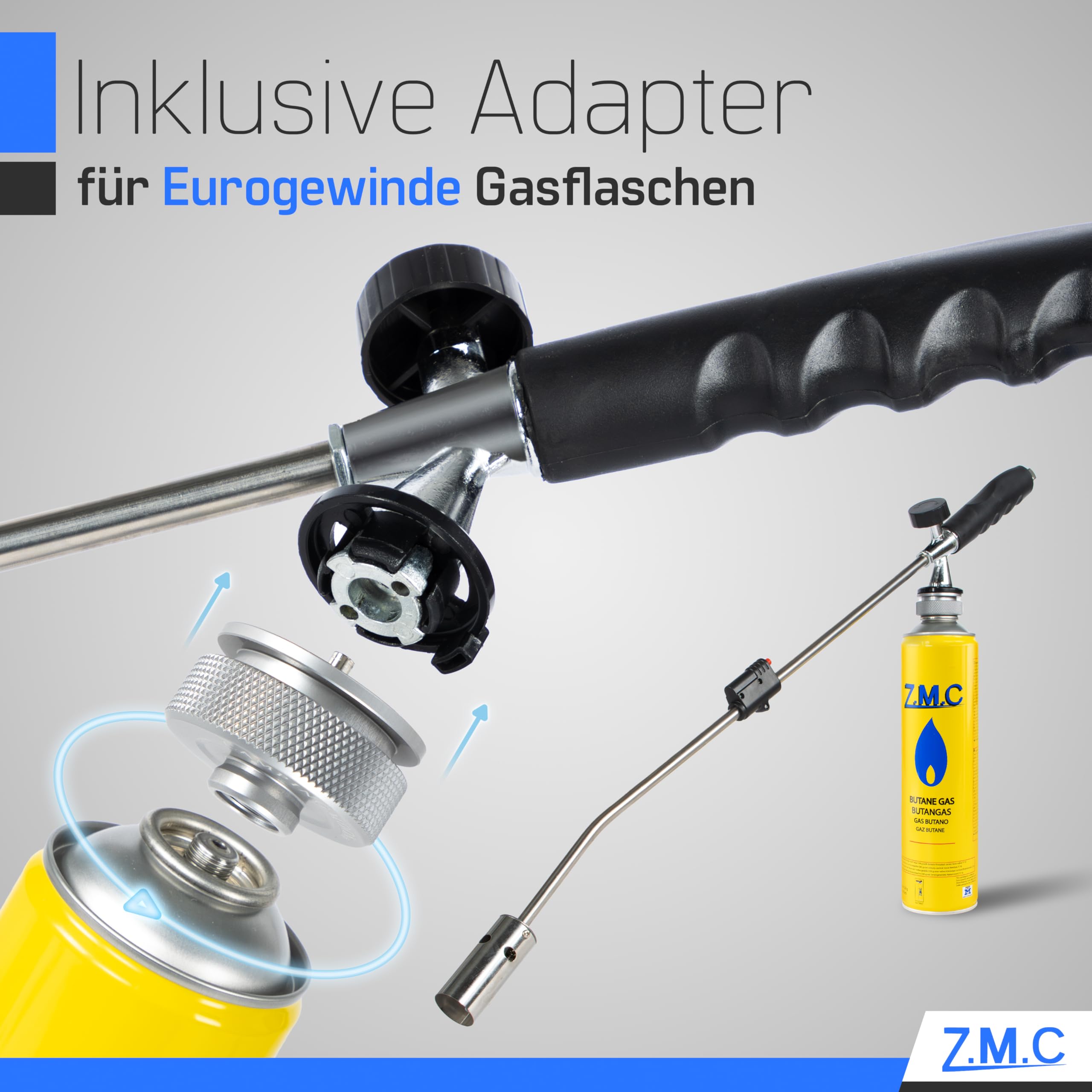 ZMC - Herbicida de 2,5 kW + 4 cartuchos de gas de 330 g, incluye adaptador para rosca europea, quemador de malas hierbas con encendido piezoeléctrico, dispositivo de combustión con potencia de llama