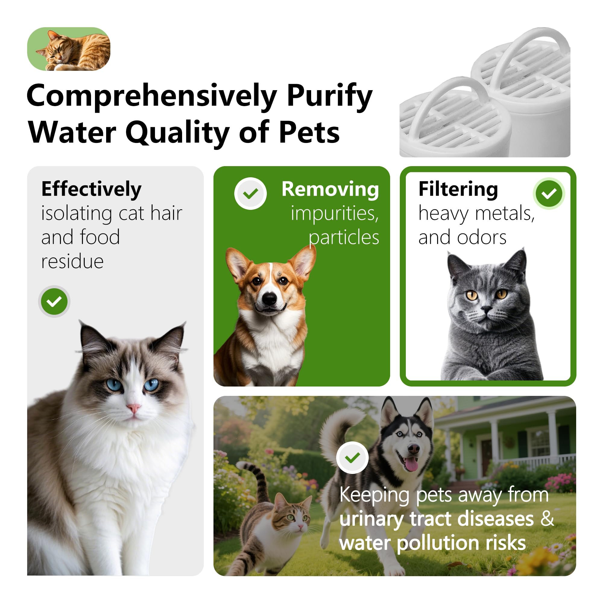 4+4 Pack Premium Cat and Dog Water Fountain Carbon Filters Compatible with PetSafe Drinkwell 360 Multi-Pet Stainless Steel & Plastic Pet Fountains(128oz/3.8L) with Replacement Foam Filter - image 6