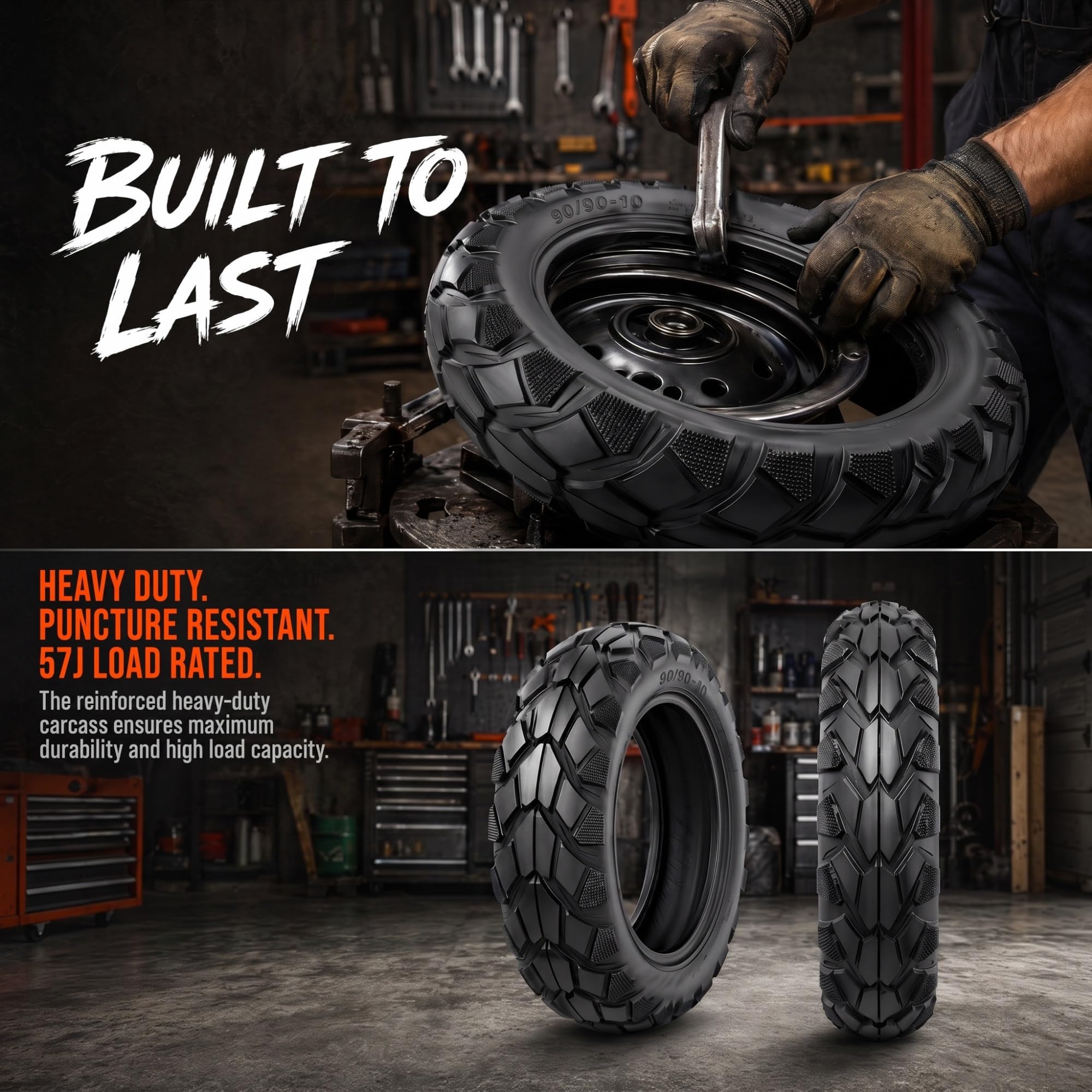90/90-10 Neumático Tubeless, Cubierta de Repuesto Delantera y Trasera para Scooter, Llanta de Moto 10 Pulgadas 57J de Alta Resistencia, Banda de Rodadura Antideslizante