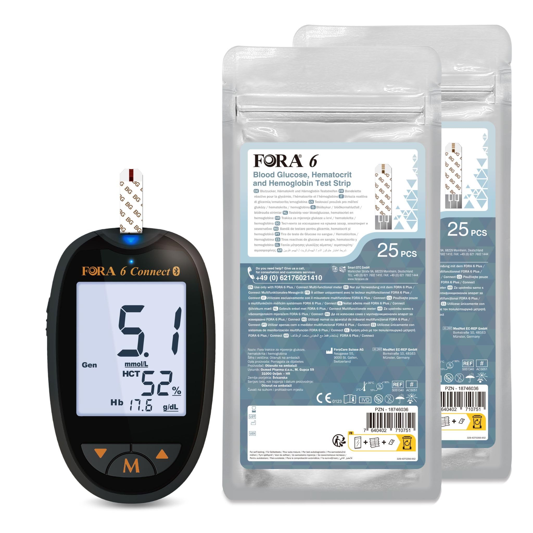 FORA 6 Connect mmol/L 3-in-1 Messgerät mit 50 Teststreifen für Blutzucker+ 60 Lanzetten | Bluetooth & App-Synchronisation | Ideal bei Anämie & Blutzucker-Kontrolle