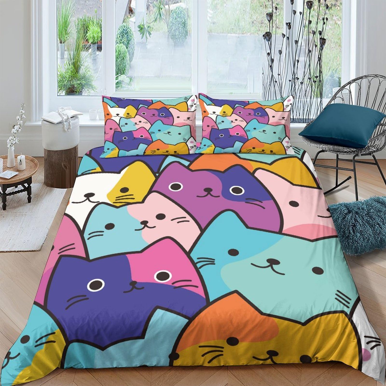 Ctjqhvkz Style-4 3D Printed Colorful Cartoon Cat Fitted Sheet Microfiber Soft Bed Cover Non Slip Easy Care For Bedroom Dorm Decor Single（135X200cm）