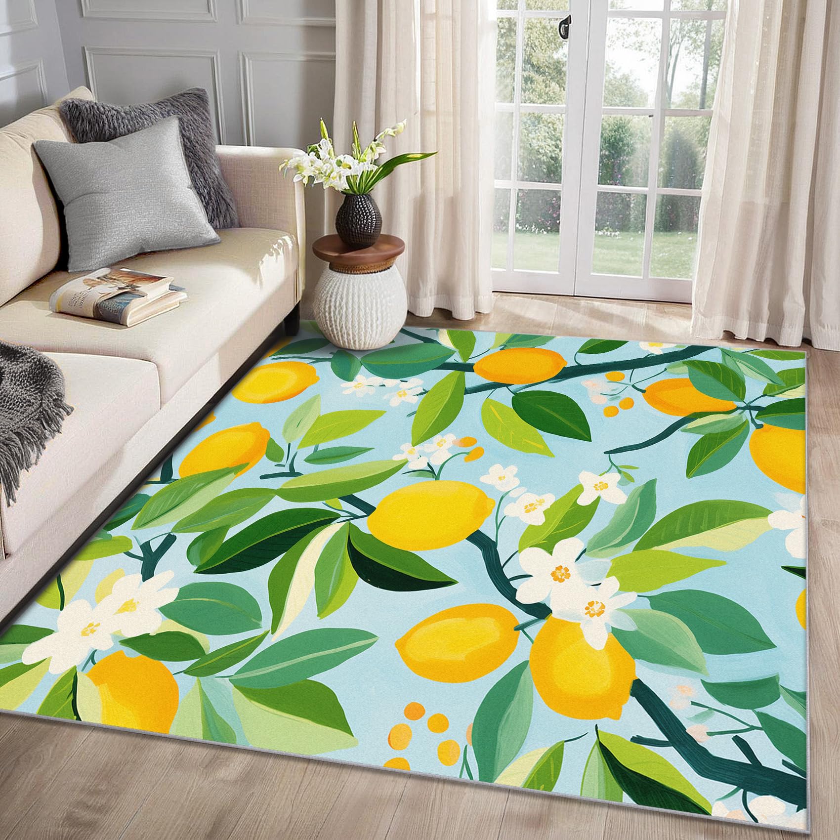 MMYAOKEN Lemon Decorations - Lemon Rug 120 x 180, Summer Citrus Fruit Botanical Patterned Area Rugs for Living Room Bedroom, Machine Washable Non Slip Soft Carpet, Green Leaves Home Decor & Gifts
