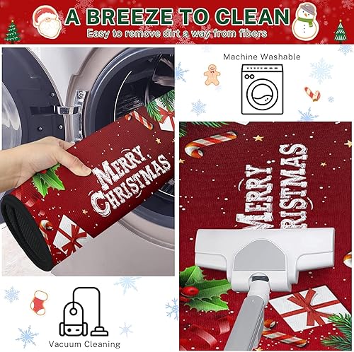 Miniatura 6 de ArtSocket Juego de 2 alfombras y tapetes de cocina antideslizantes, lavables, tapete de camino de cocina con texto en inglés "Merry Christmas",