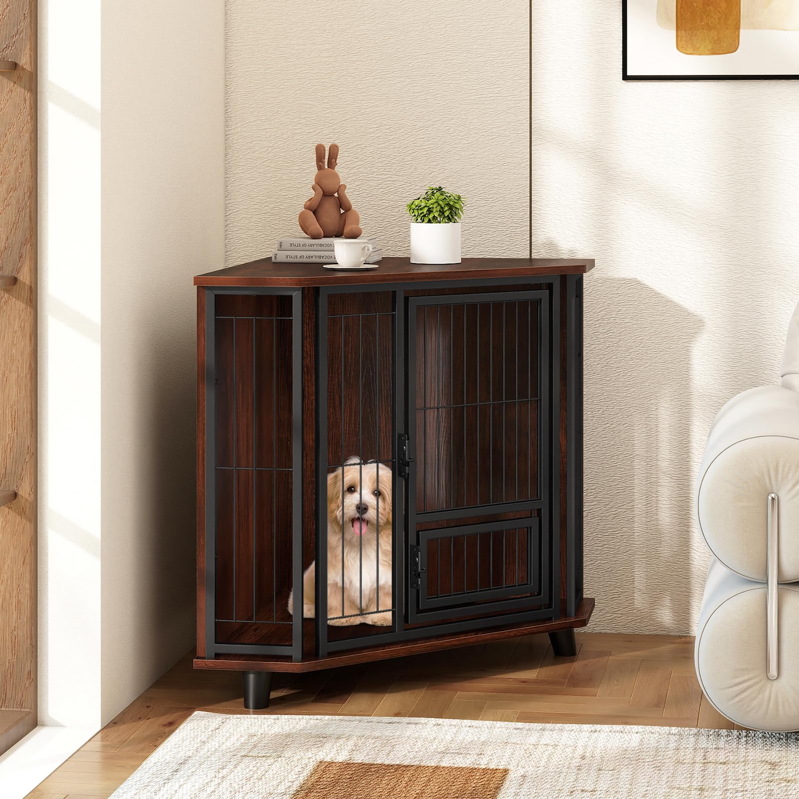SOARS Eck-Hundekäfig Möbel, Hundebox für Zuhause, Hundehütte Indoor für kleine/mittlere Hunde, Hundehaus mit Futtertür, abschließbare Tür, 60 x 60 x 71,5 cm