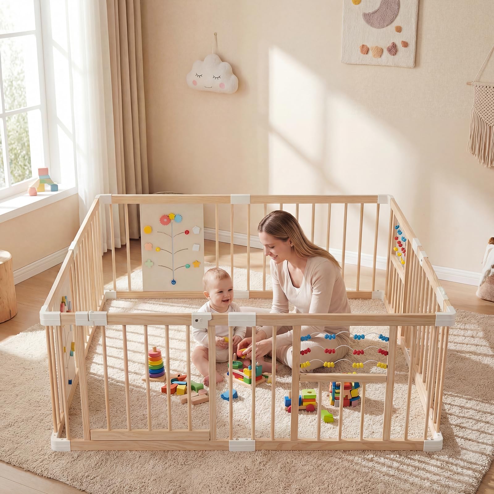 COSTWAY Box Bambini in Legno 160x160cm, Recinto Gioco con Montessori Busy Board, Pannello Sensoriale e Blocco di Sicurezza, Ampia Area Giochi