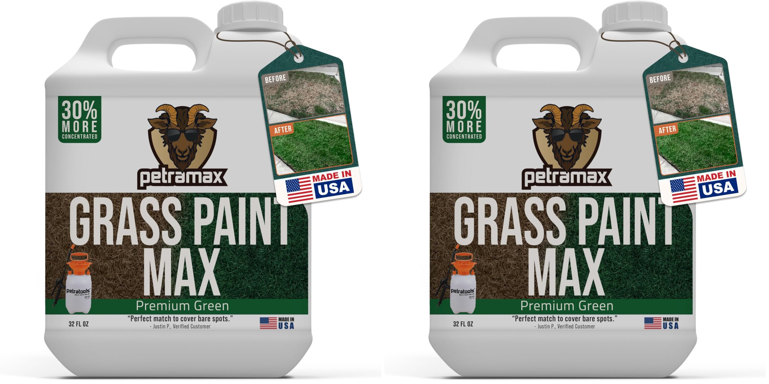 PetraMax Green Grass Paint for Lawn Dye - Maintain Turf or Green Grass, Spray Paint for Lawn &amp; Shrubs Easy Spray, Pairs w/Petra Sprayer - Touch up Dog Spots - Pet Safe (Premium, 32 oz) (Pack of 2)