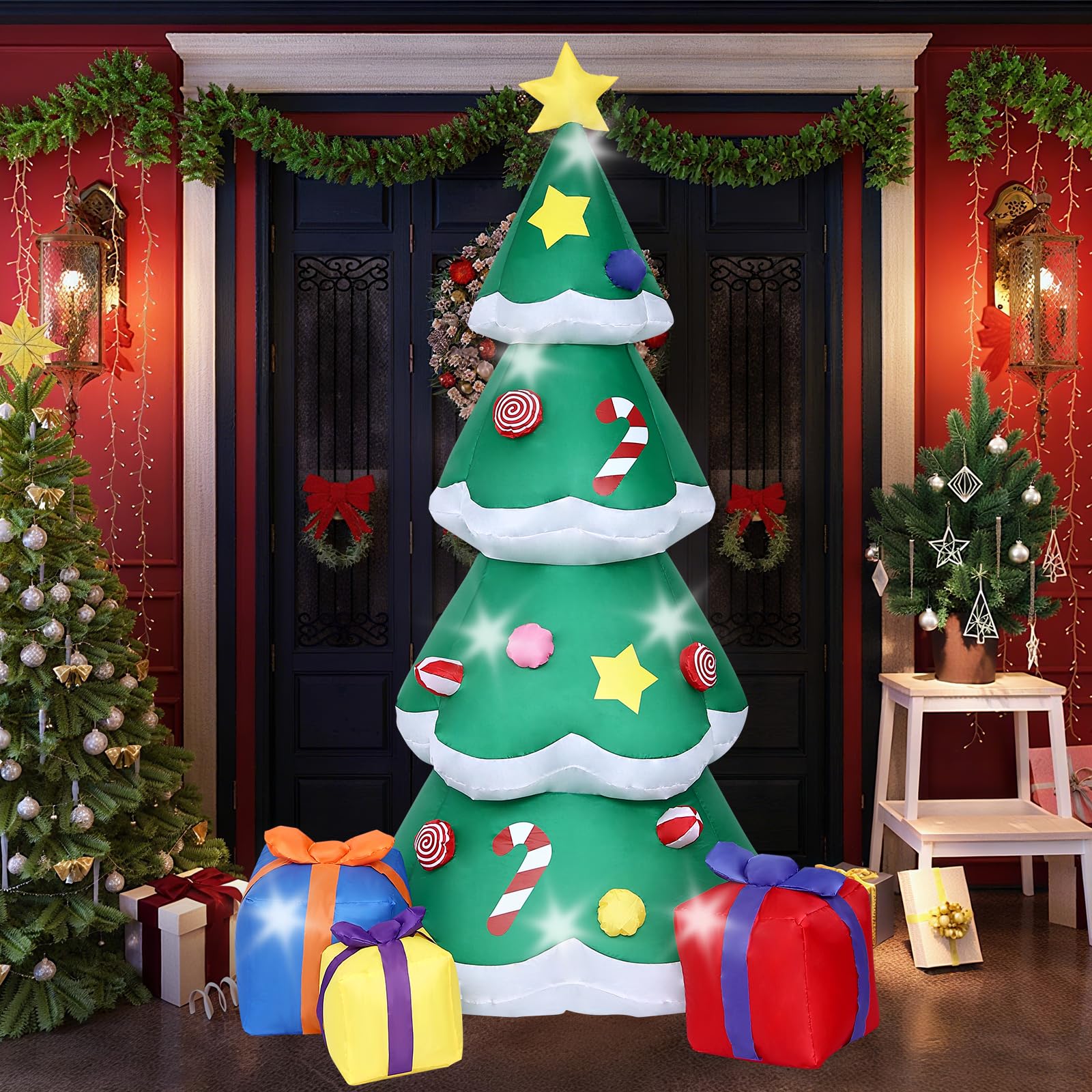 OHMG 2,1 m Decorazione natalizia per esterni, gonfiabile, con luci a LED, albero gonfiabile, con sacchetto regalo, gonfiabile, per giardino, prato, terrazza, festa